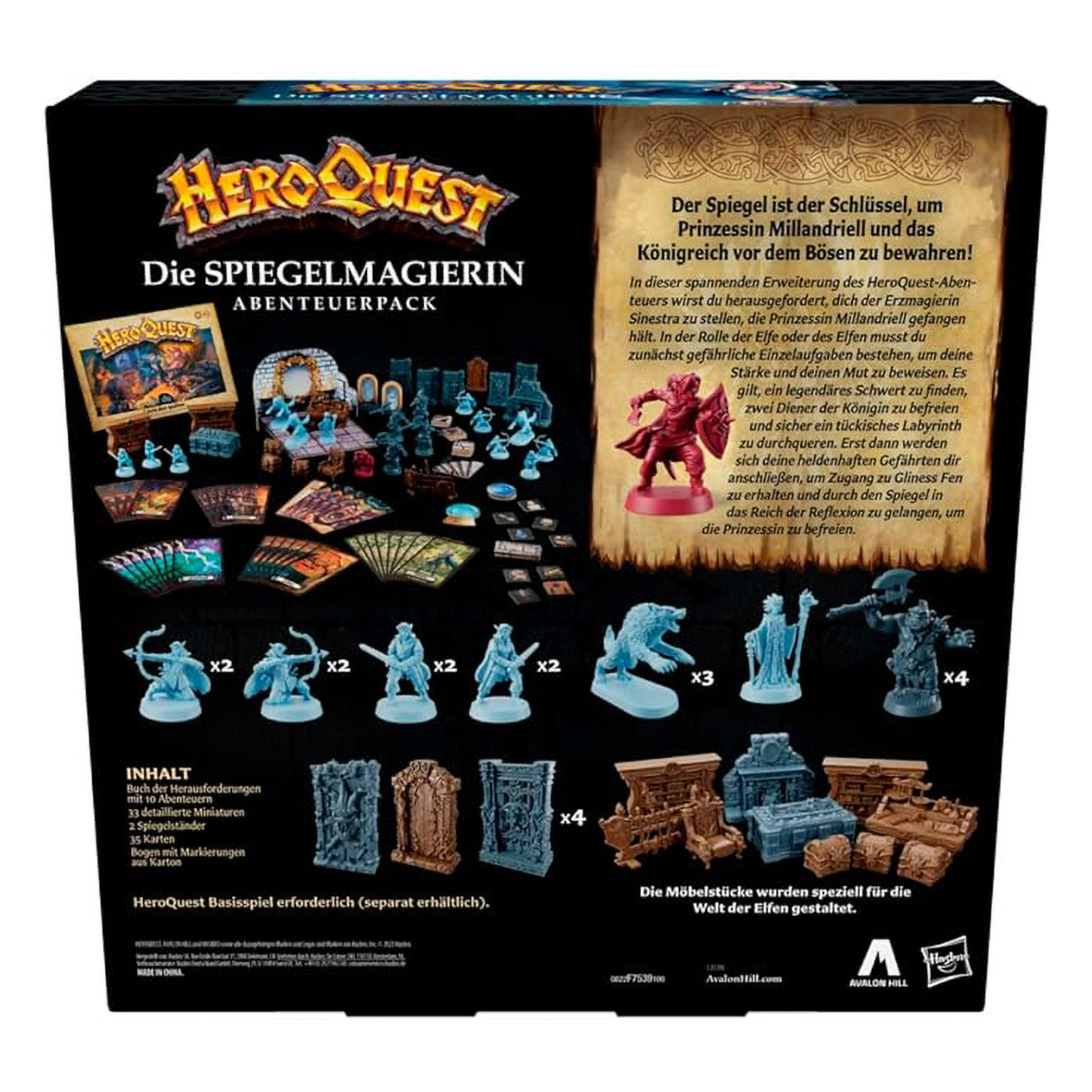 Die Rückseite einer HeroQuest-Brettspielbox, mit Figuren, einer Karte und Text. Die Figuren sind blau und braun.