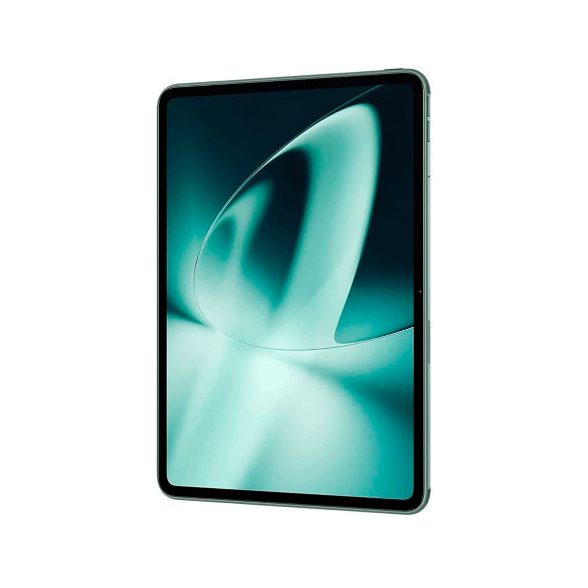 Tablet z turkusowym ekranem, widok pod kątem. Tablet ma ciemnoszarą ramkę.