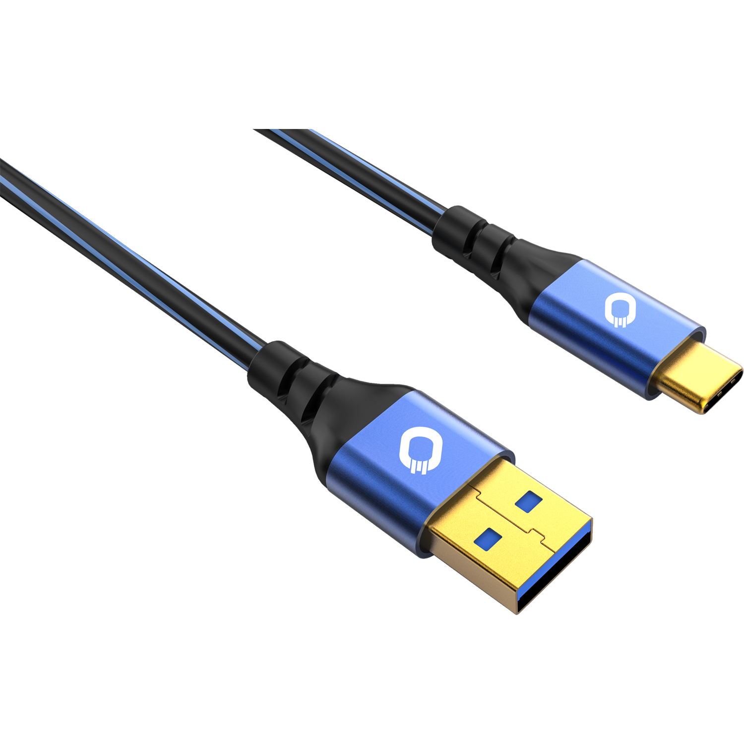 USB-Kabel mit blauen und goldenen Steckern. Schwarzer Hintergrund. Nahaufnahme des Kabels.
