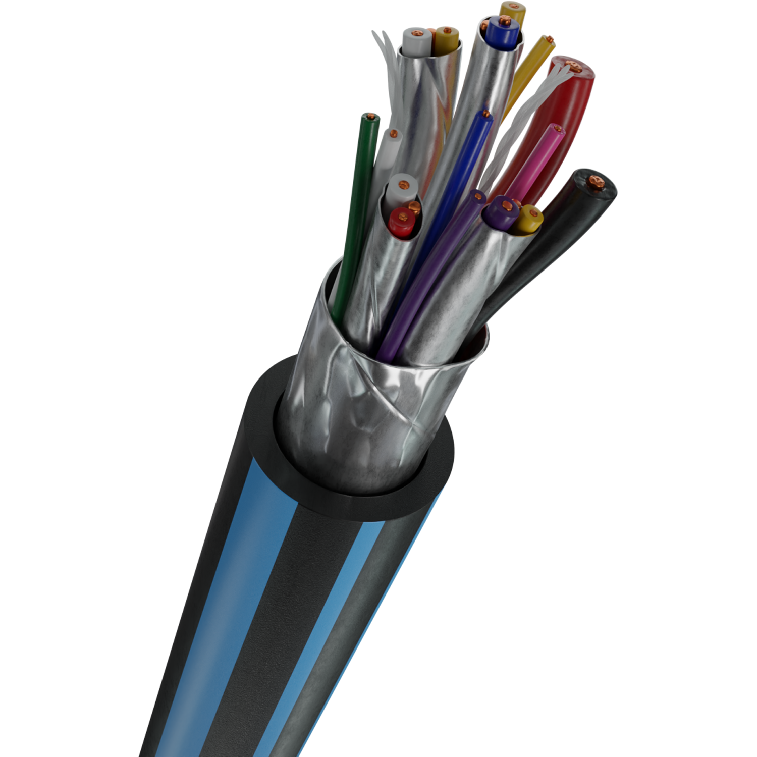 Ein aufgeschnittenes Kabel, bei dem viele Drähte freiliegen. Die äußere Schicht ist schwarz mit blauen Streifen.