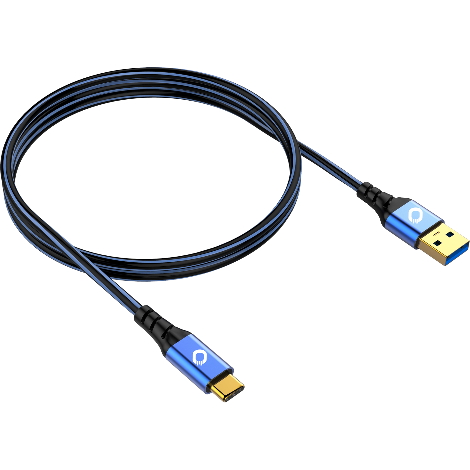 USB-Kabel mit blauen Akzenten, mit USB-A- und USB-C-Anschluss.
