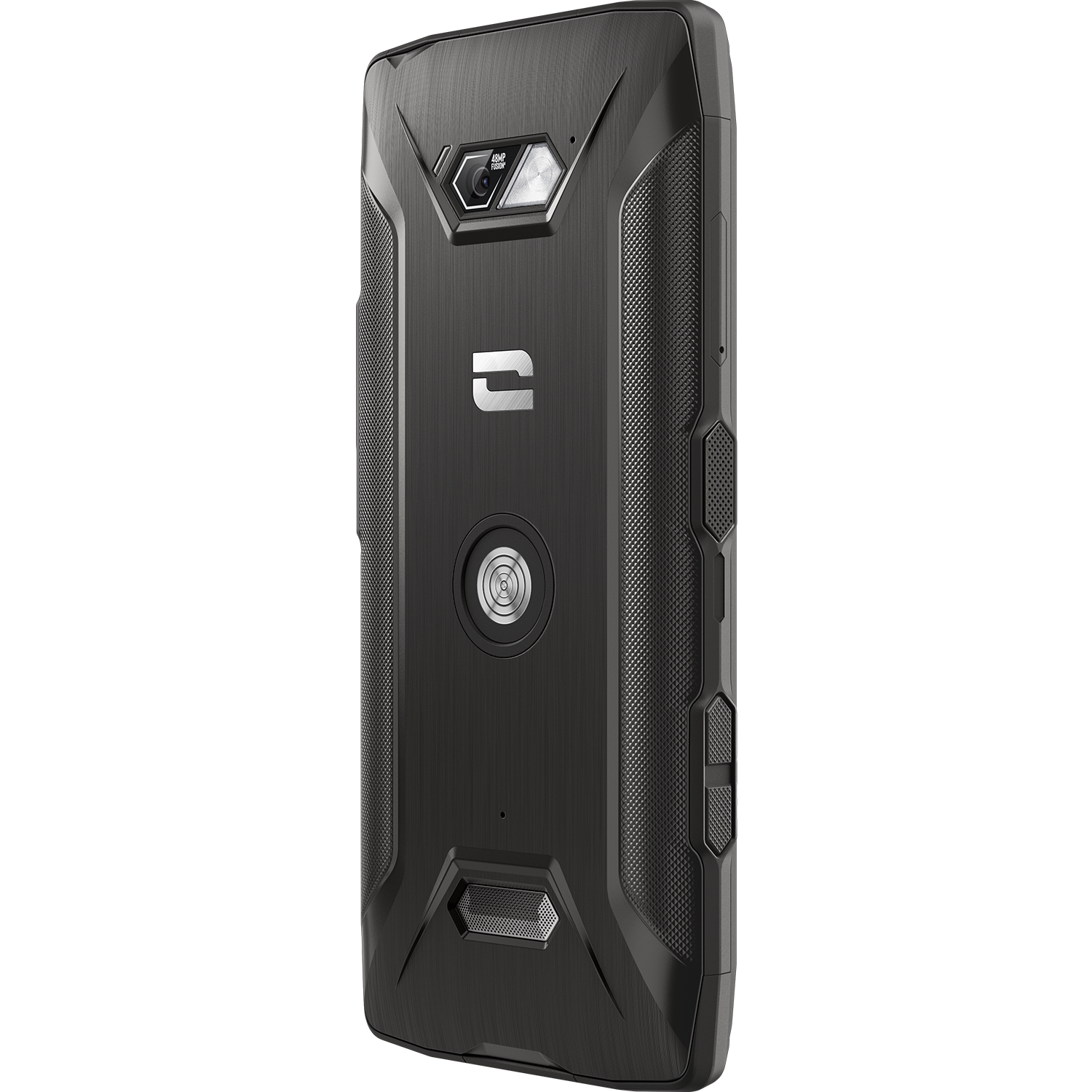 Smartphone nero robusto. Vista angolata, retro. Design industriale strutturato.