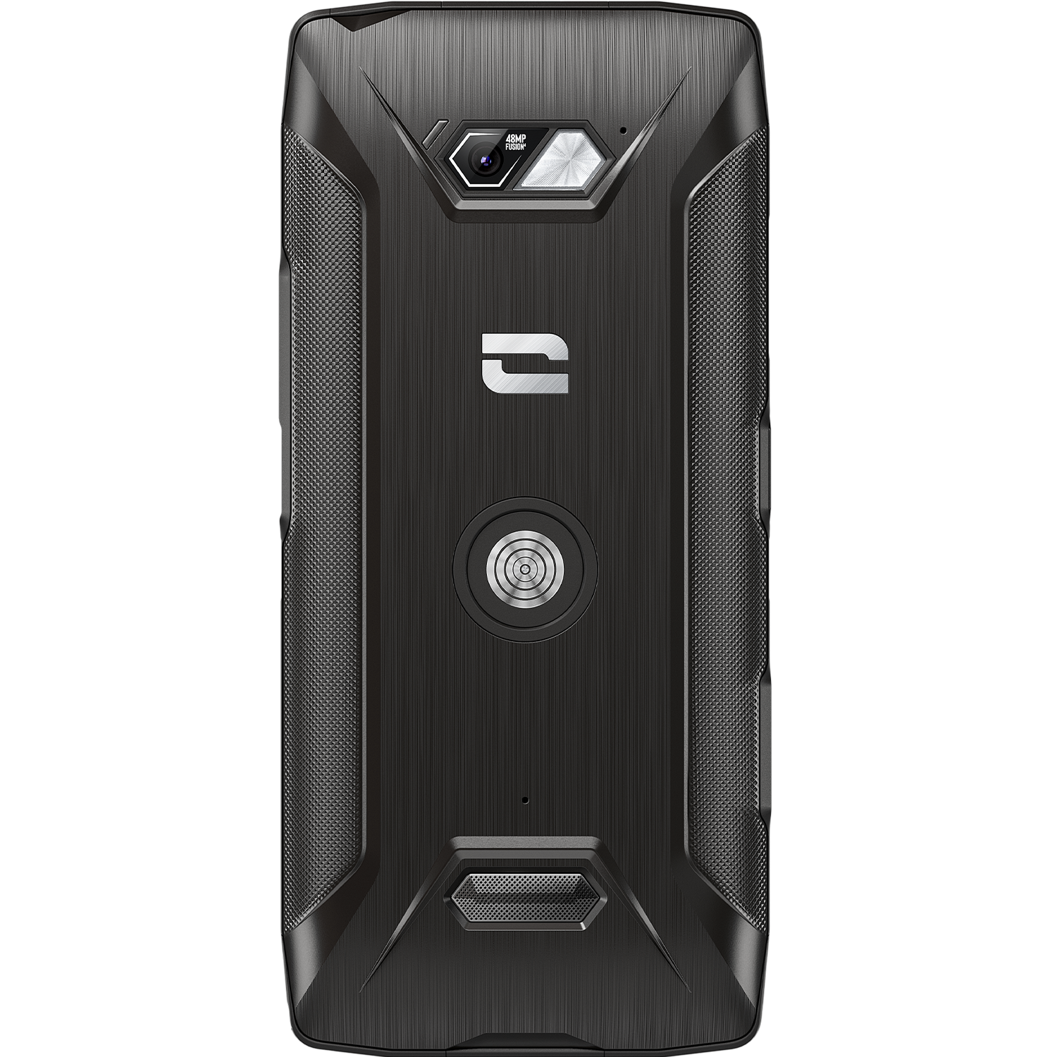 La parte posteriore di un robusto telefono nero con fotocamera, flash e logo viene mostrata.