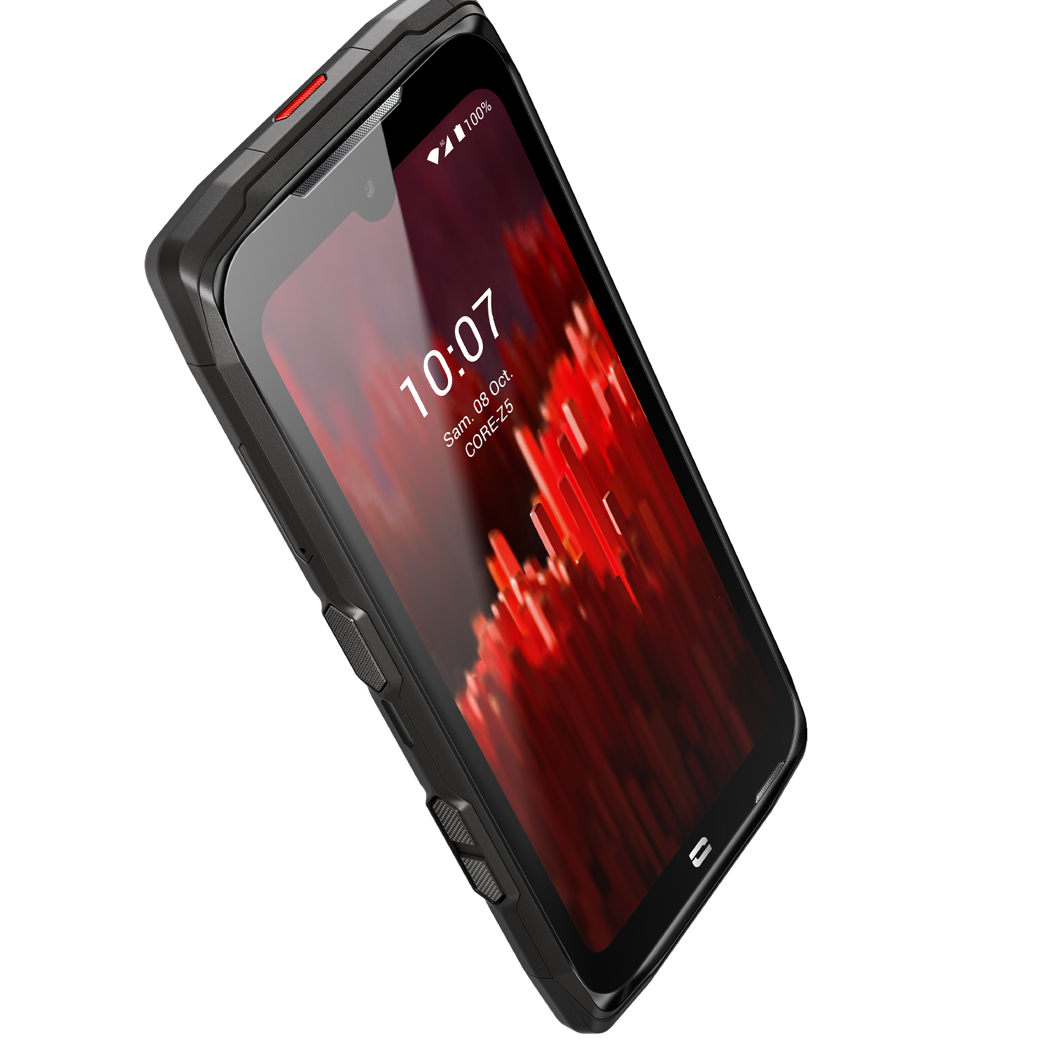 Smartphone nero con schermo rosso, mostra l'ora 10:07.