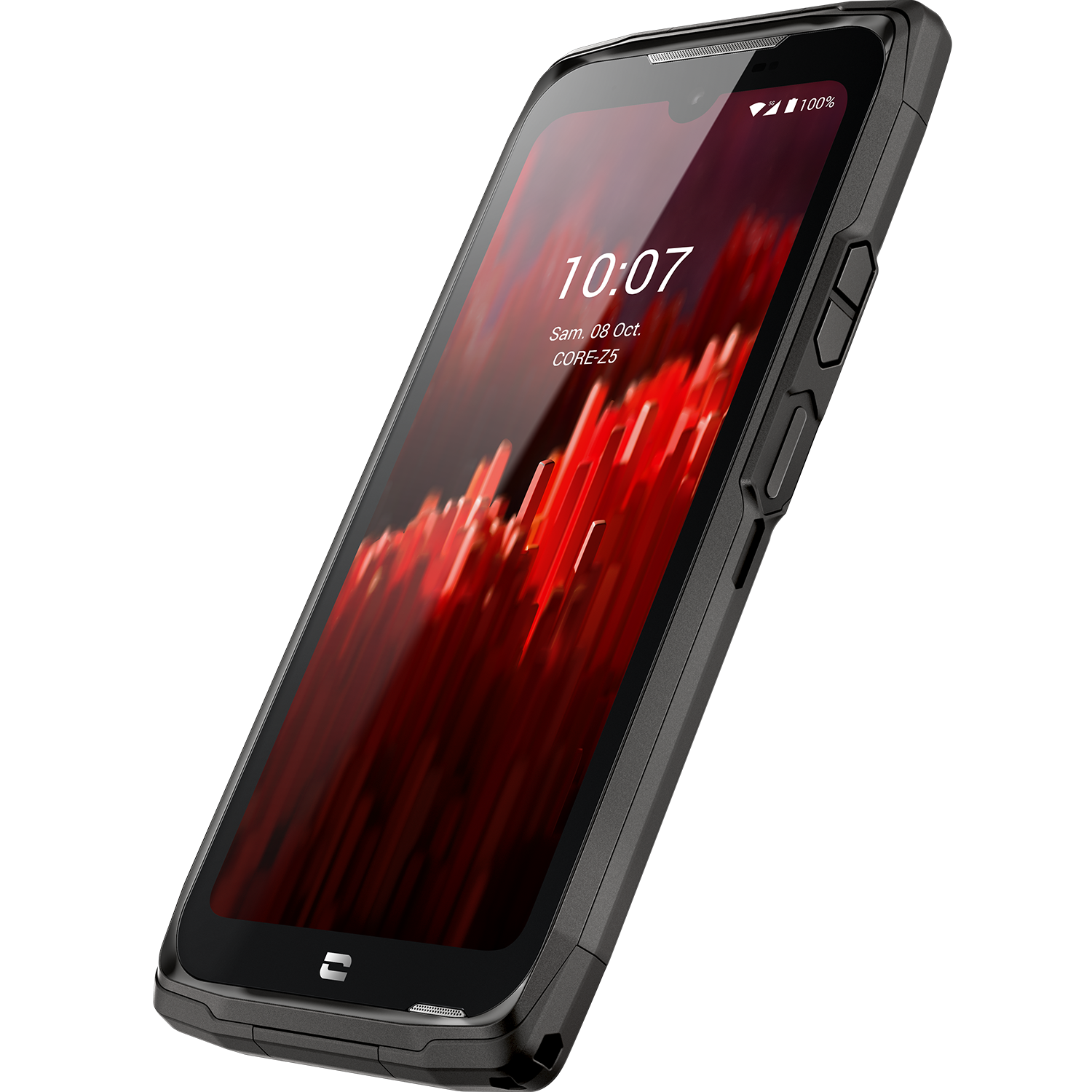Uno smartphone nero con sfondo rosso sullo schermo. L'ora viene visualizzata.