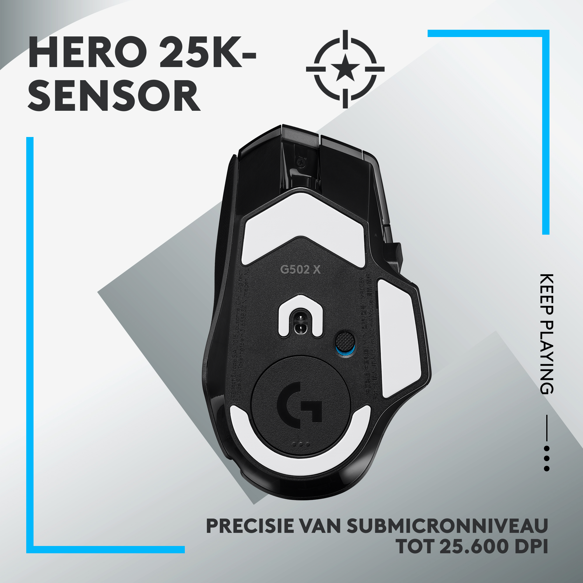 Czarno-biała mysz do gier z tekstem: HERO 25K-SENSOR.