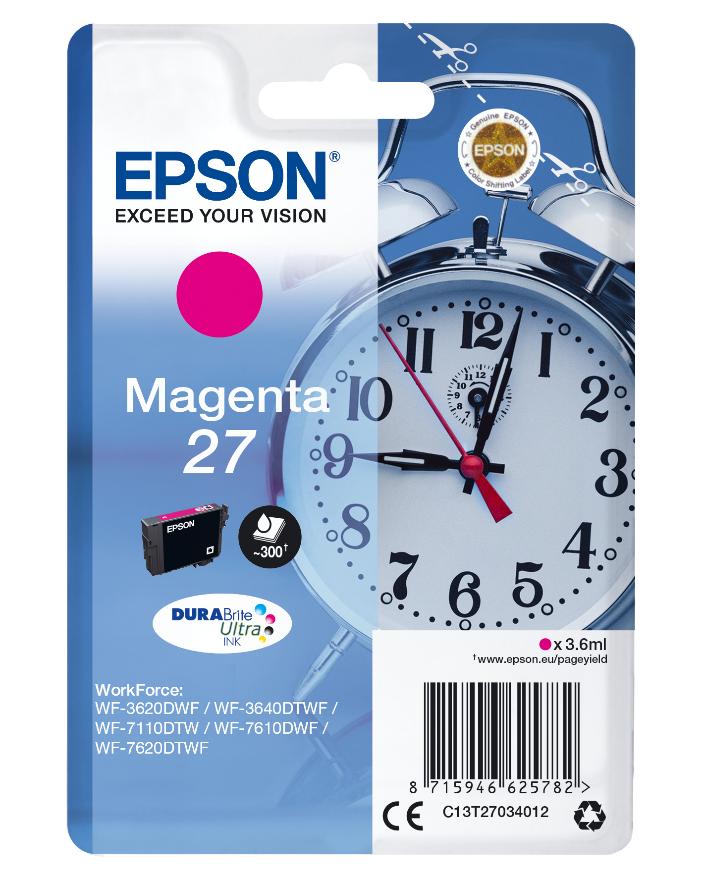 Epson magenta inktcartridge verpakking. Het toont een klokafbeelding en de inktcartridge.