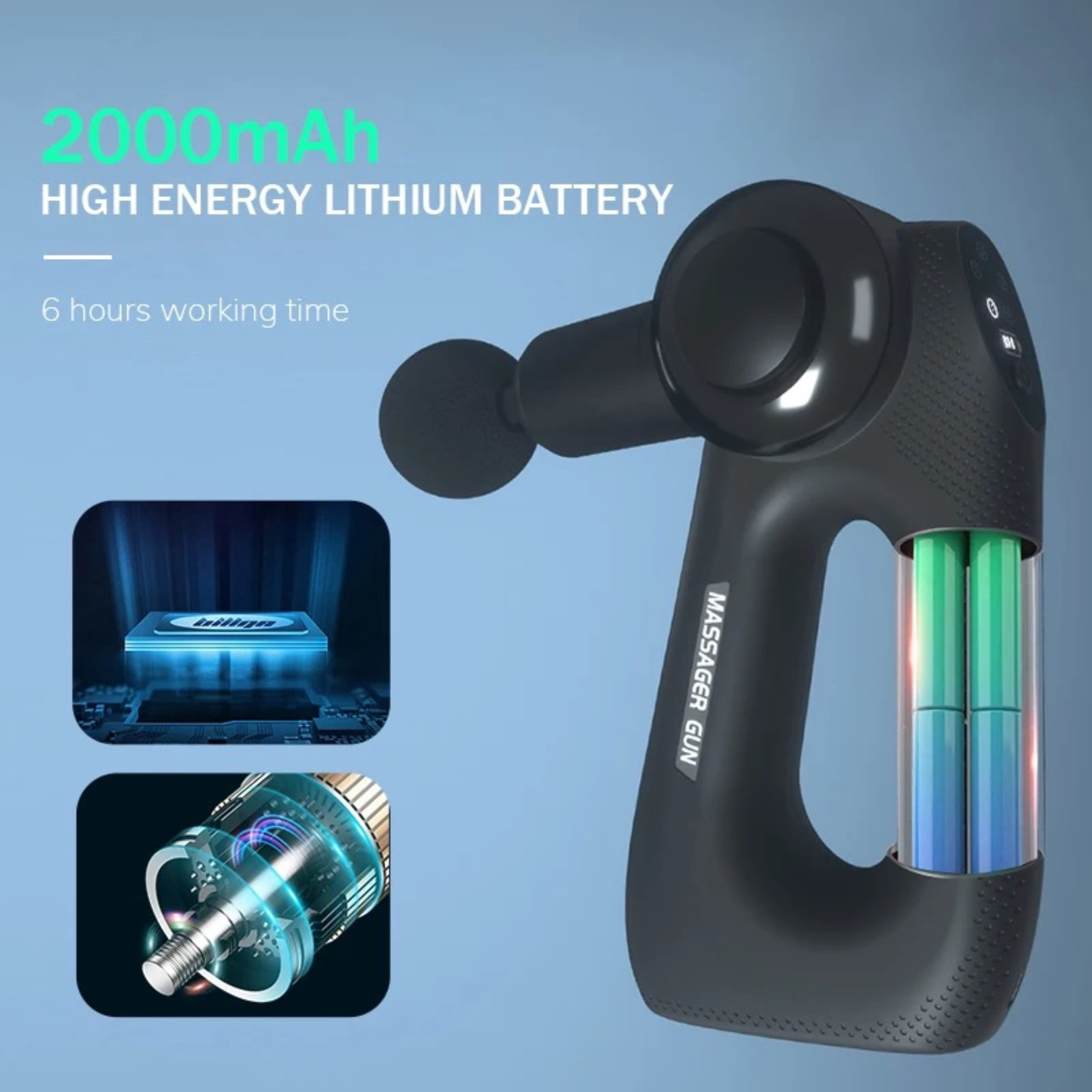 Czarny pistolet do masażu, z baterią i elementami wewnętrznymi na zdjęciu.