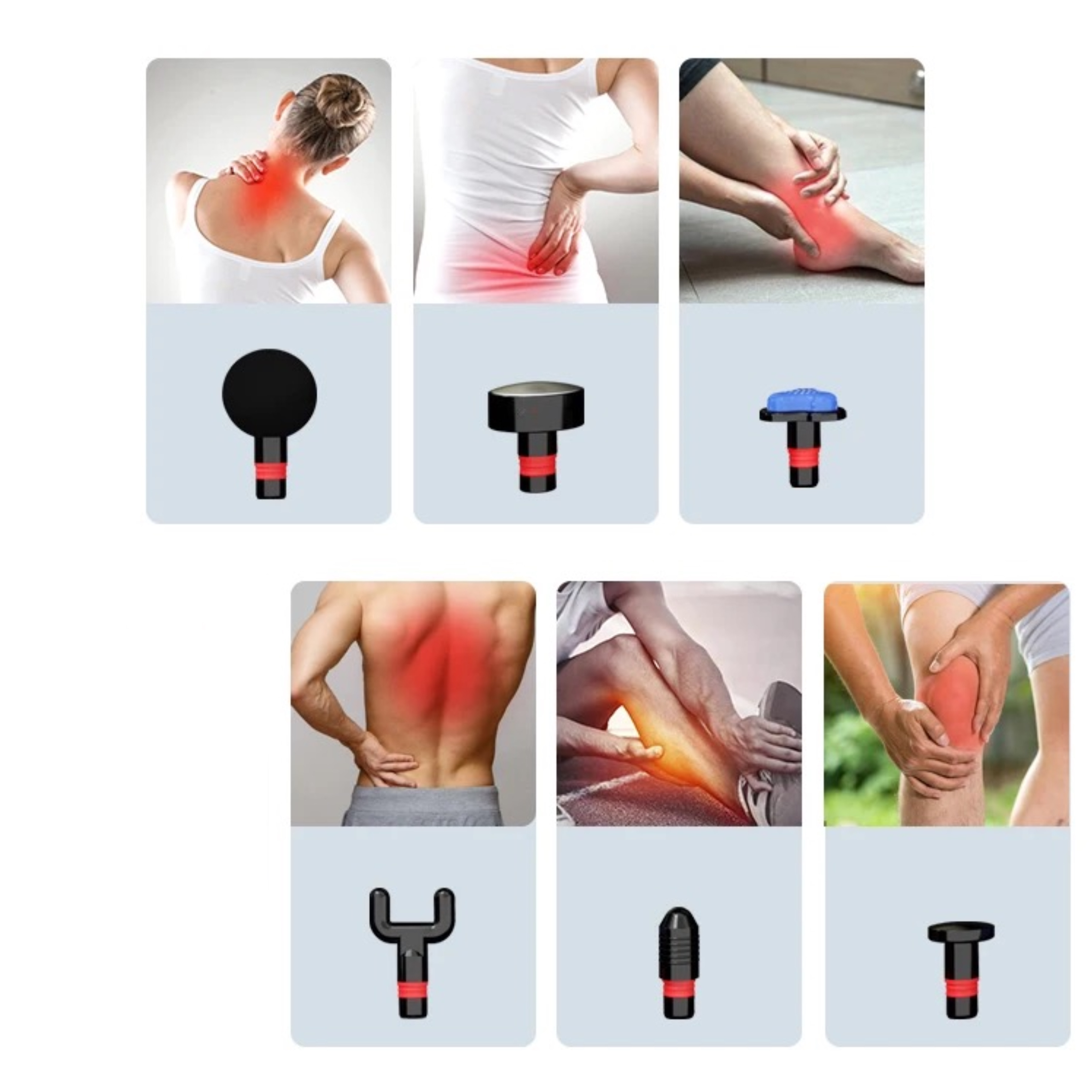 Obrazy przedstawiające obszary bólu z głowicami pistoletu do masażu. Szyja, plecy, noga i kolano.