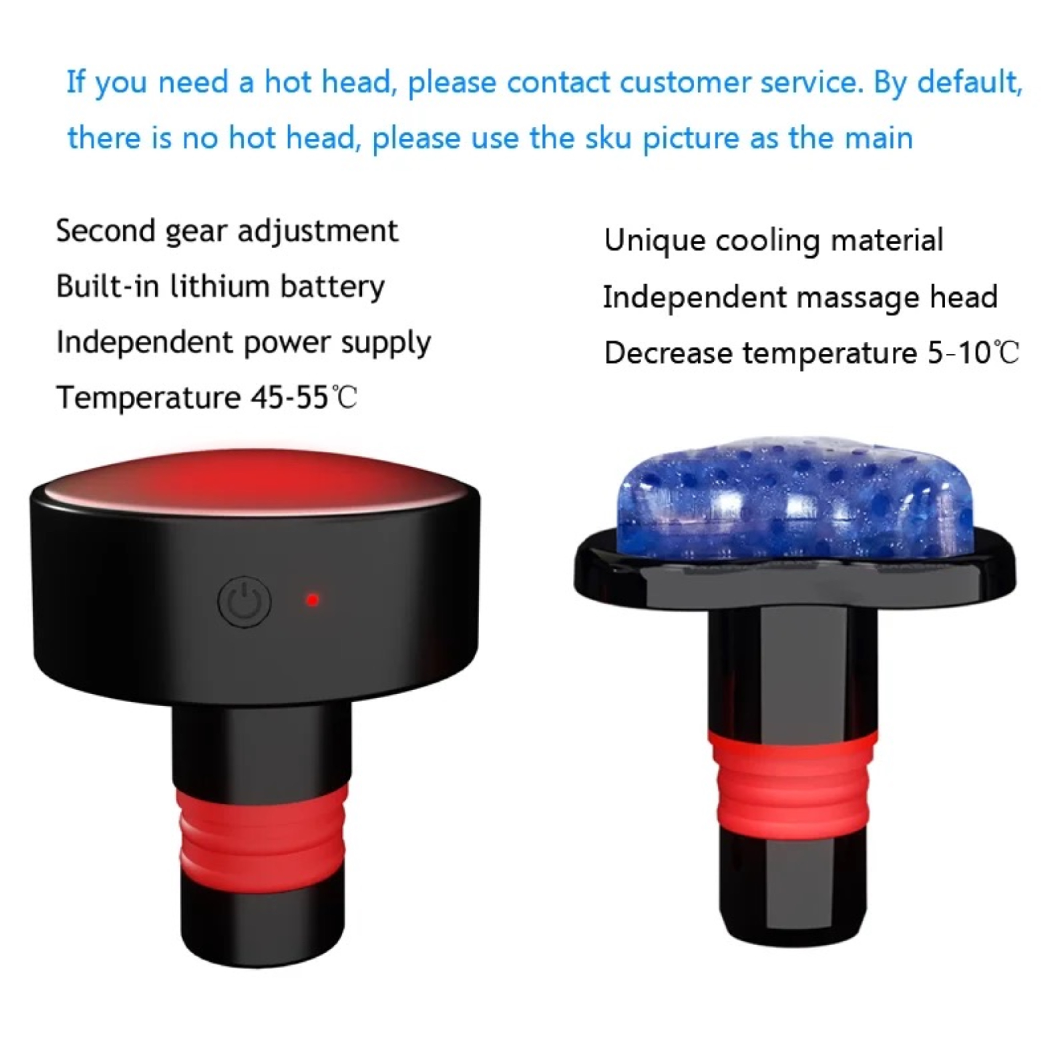 Dwa urządzenia do masażu, jedno czerwone, drugie niebieskie. Czarne i czerwone podstawy, niebieskie i czerwone wierzchy.