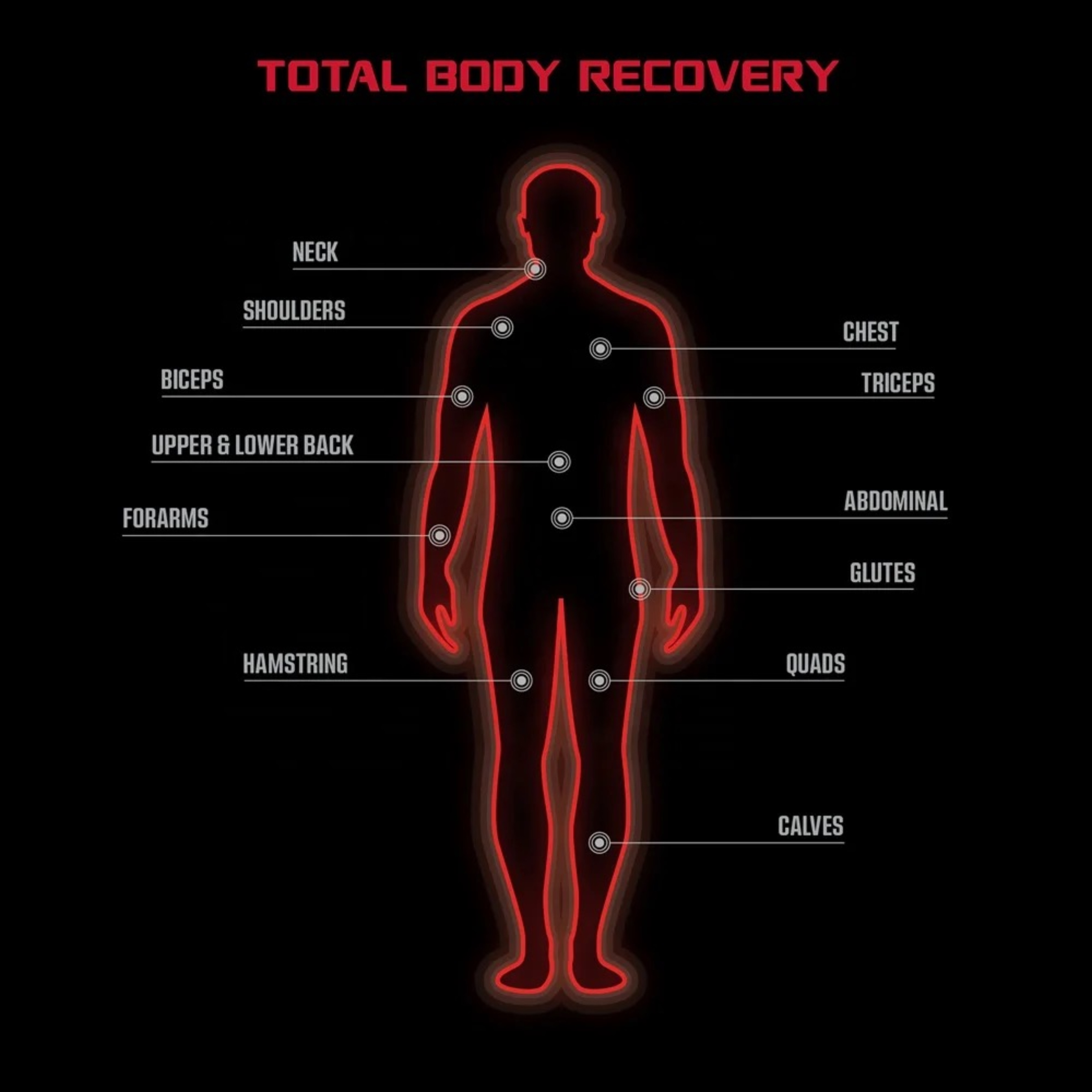 Diagram ciała ludzkiego z podświetlonymi obszarami, oznaczony do regeneracji.