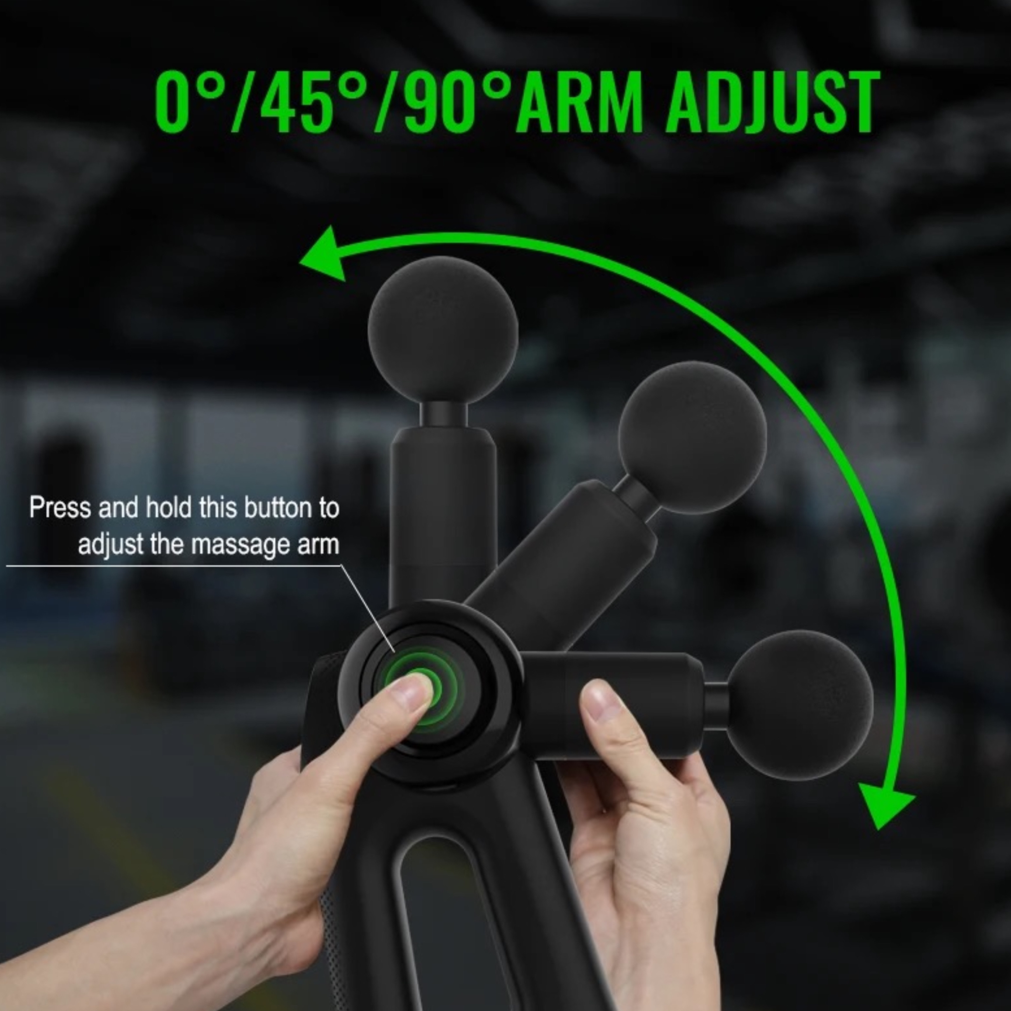 Osoba reguluje pistolet do masażu z zieloną nakładką tekstową.