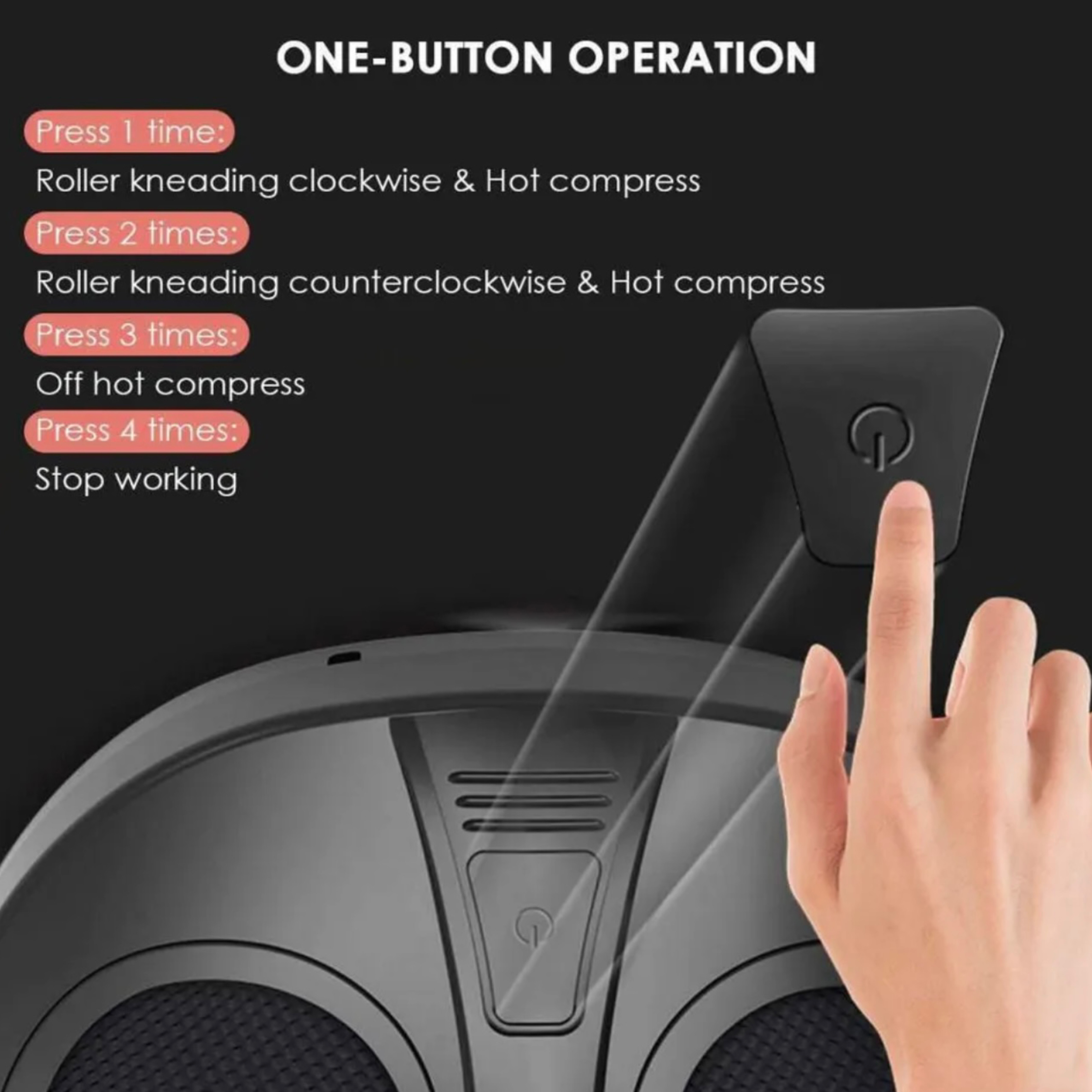 Osoba naciskająca przycisk na urządzeniu, z tekstem wskazującym różne funkcje.