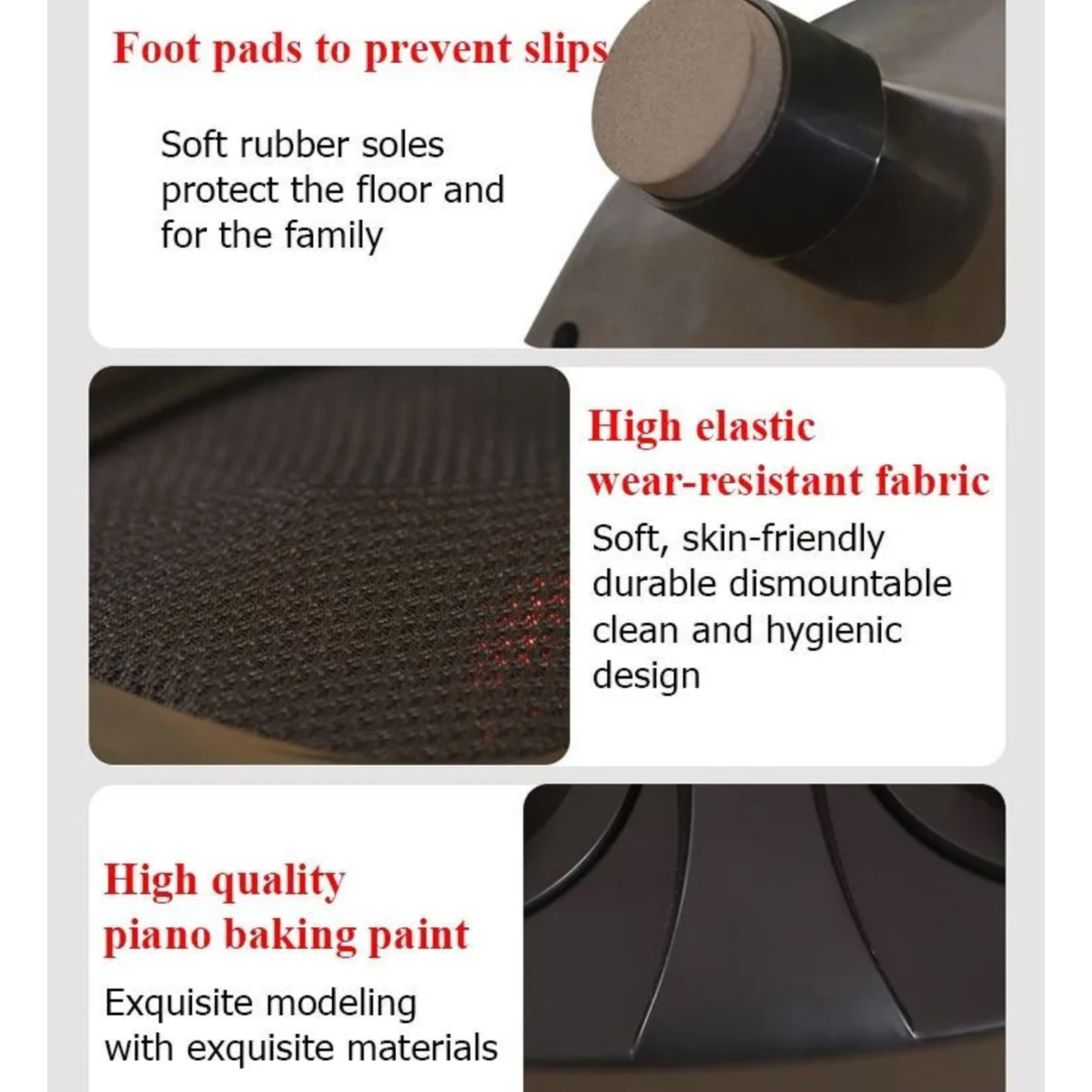 Tekst opisujący cechy ławki fortepianowej: podkładki pod stopy, odporny na ścieranie materiał, lakier fortepianowy.