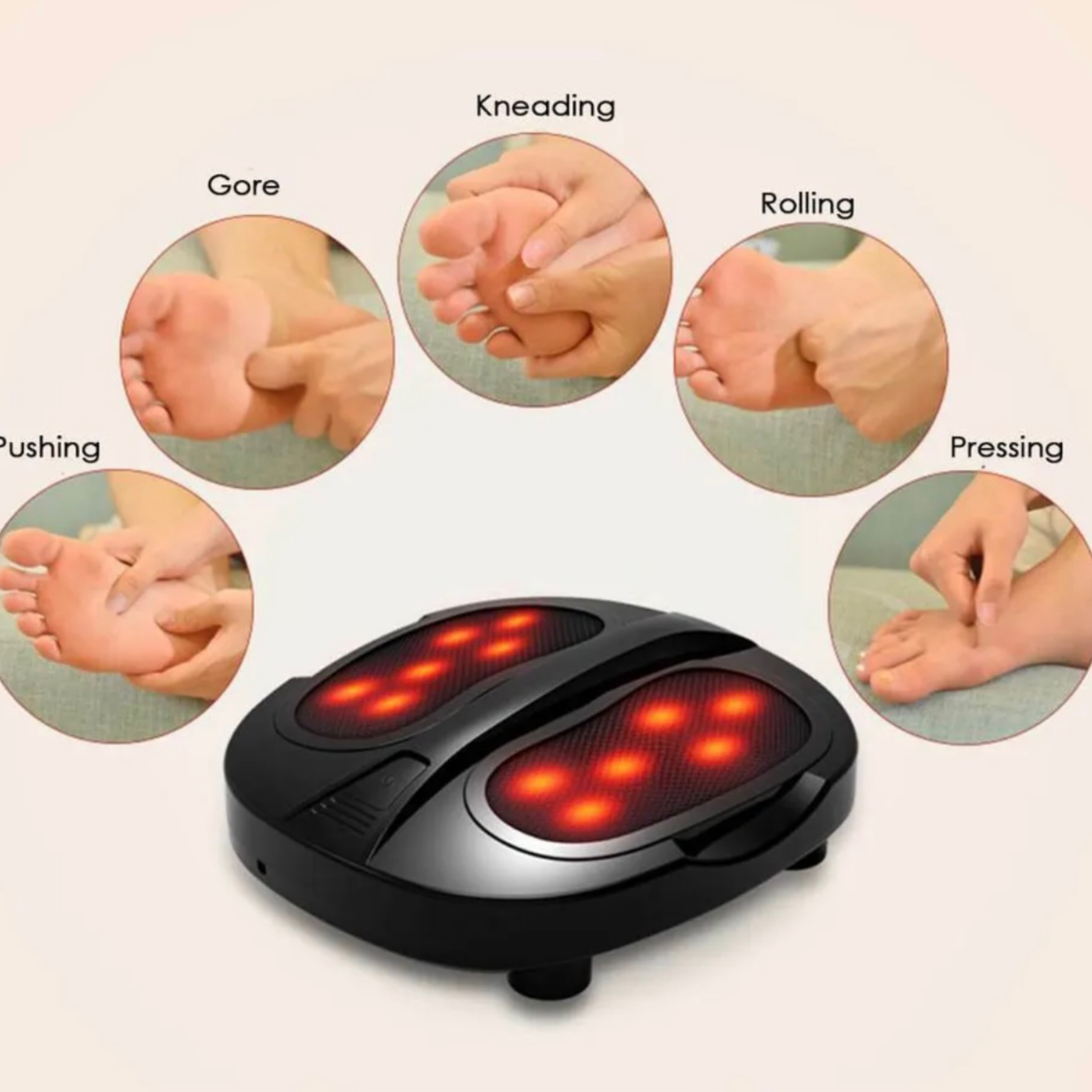 Masażer stóp z czerwonymi światłami i schematami technik masażu stóp. Czarna maszyna.