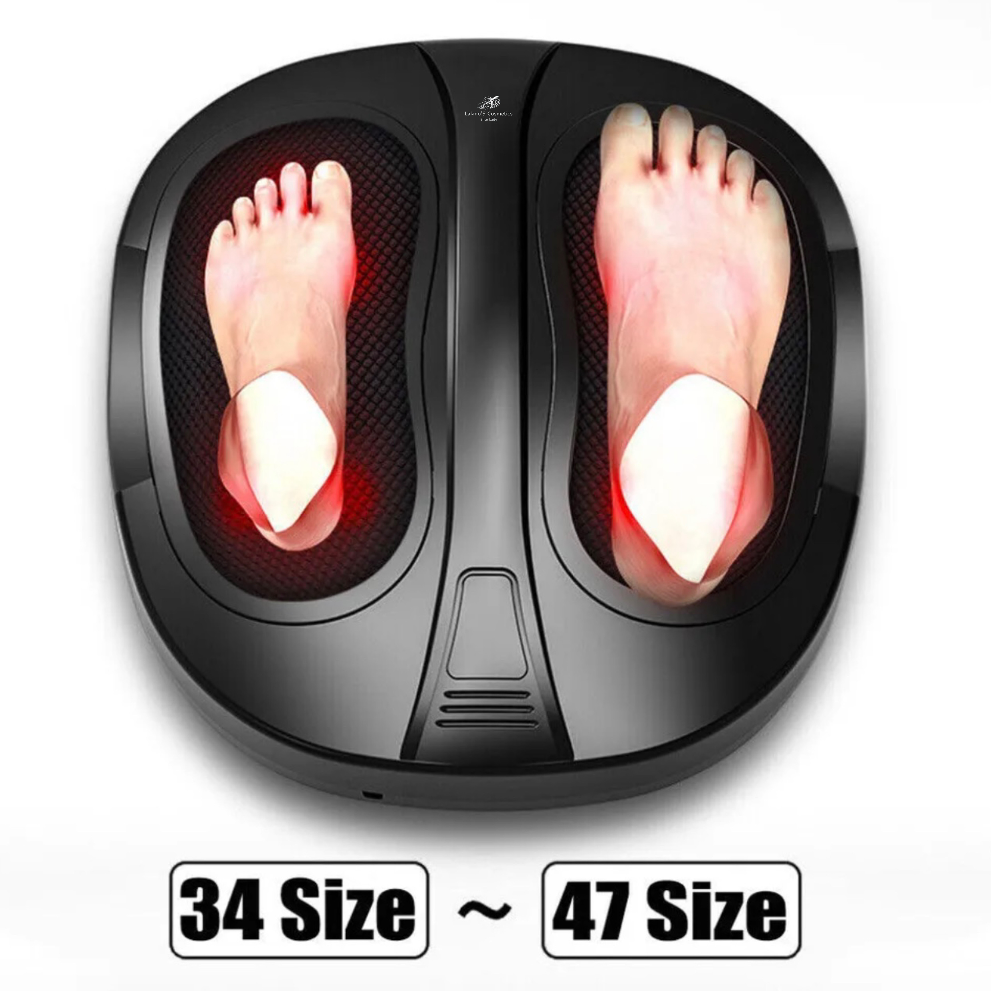 Czarna wanna do stóp z dwiema stopami w środku. Czerwone światło świeci. Tekst: "34 Size ~ 47 Size".