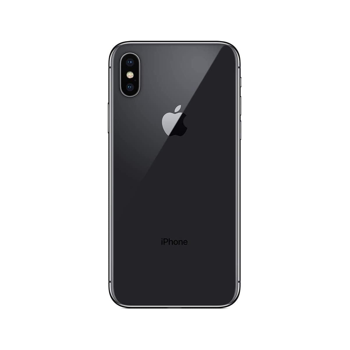 Czarny iPhone X, pokazujący tył z logo Apple i podwójnym aparatem, na białym tle.