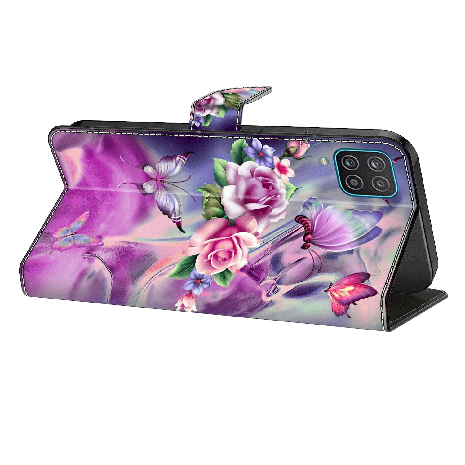 Geöffnete Tablet-Hülle mit Schmetterlingen und Blumen. Lila, rosa und weiße Farben. Schwarzes Telefon im Inneren.