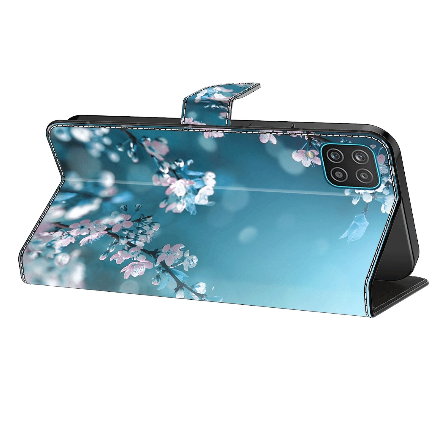 Eine floral gemusterte Handyhülle, geöffnet, mit einem Telefon im Inneren und einem rosafarbenen Baumblüten-Hintergrund.