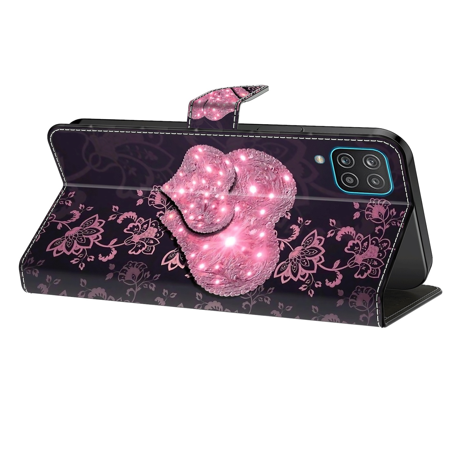 Funda negra para teléfono con diseño floral rosa y forma de corazón rosa. Abierta con el teléfono dentro.