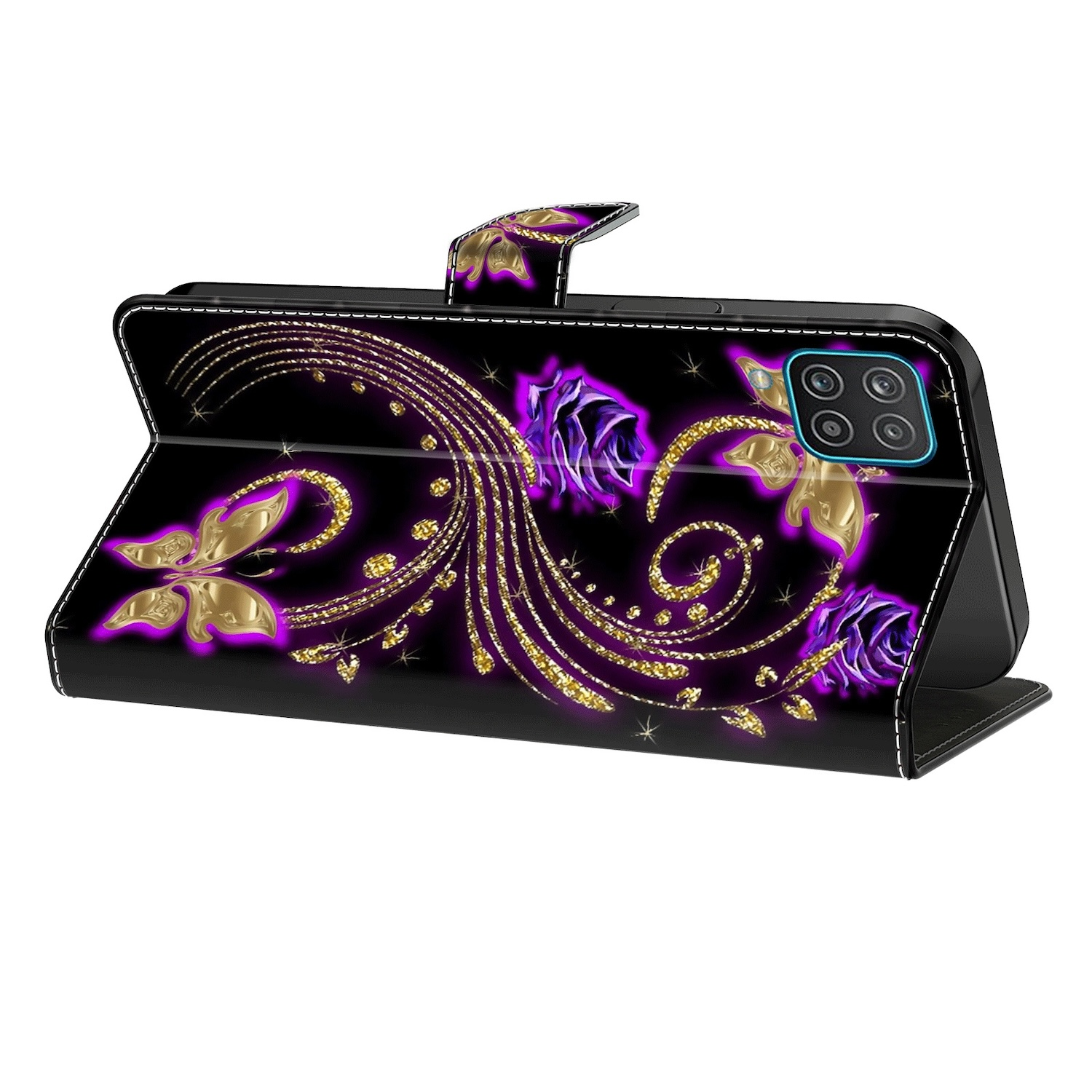 Funda de teléfono con diseño floral, fondo negro y adornos dorados.