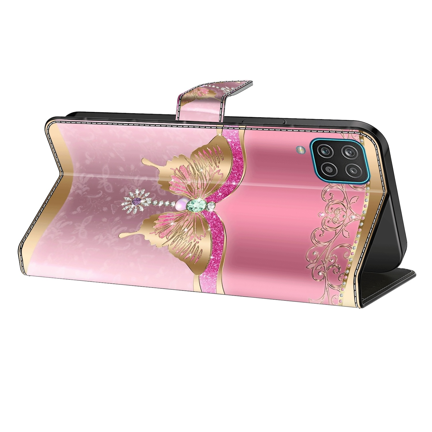 Rosa Handyhülle mit Schmetterlingsdesign, geöffnet und auf weißem Hintergrund.