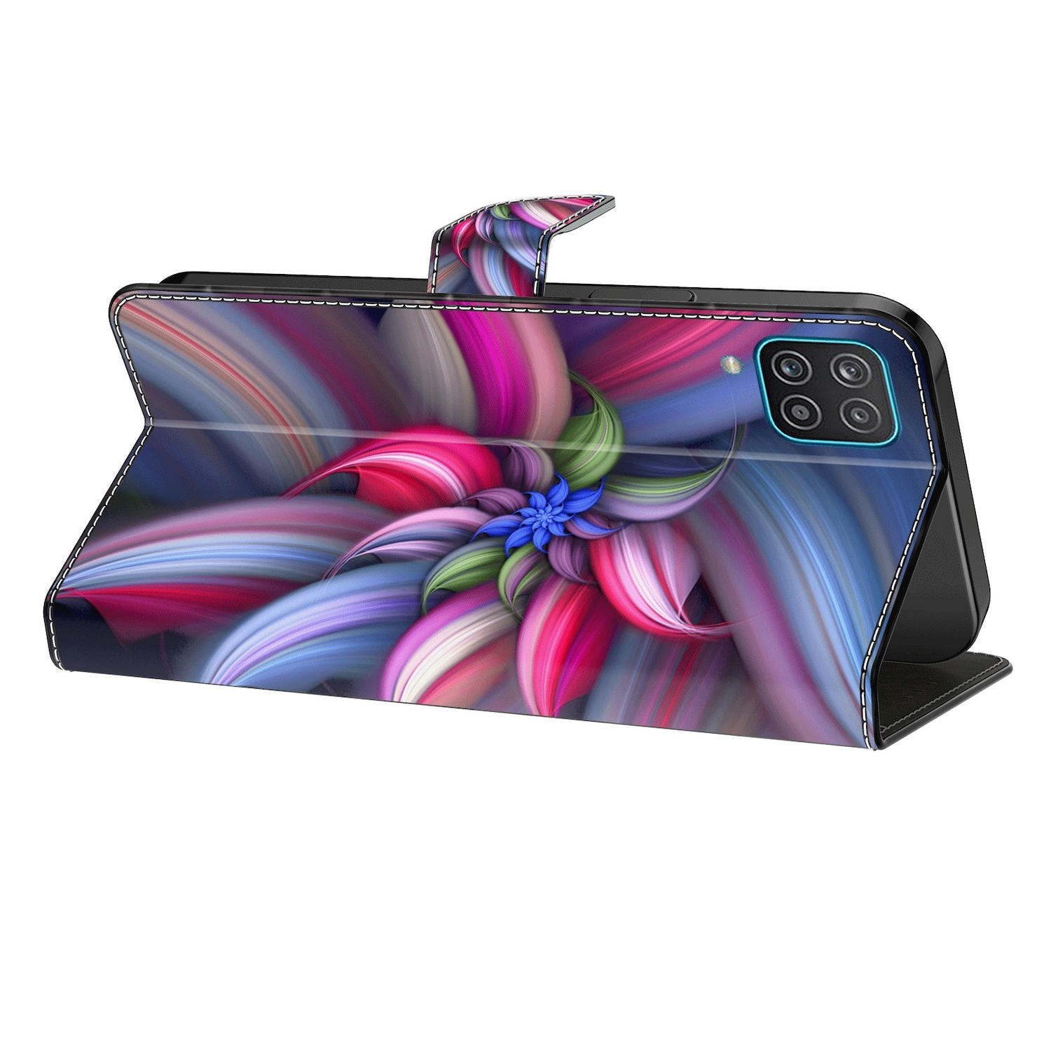Funda de teléfono con diseño floral colorido. Abierta, mostrando el teléfono dentro, en blanco.