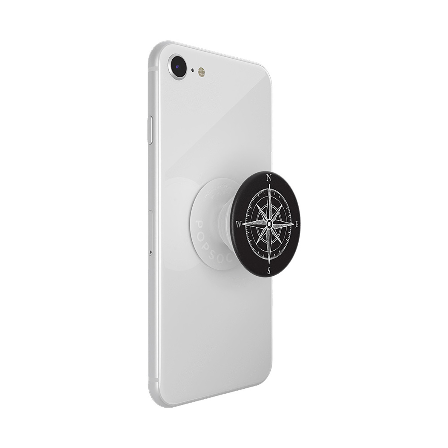 Weißes Telefon mit Kompass-Popsocket. Popsocket ist schwarz mit Kompass-Design. Telefon ist weiß.