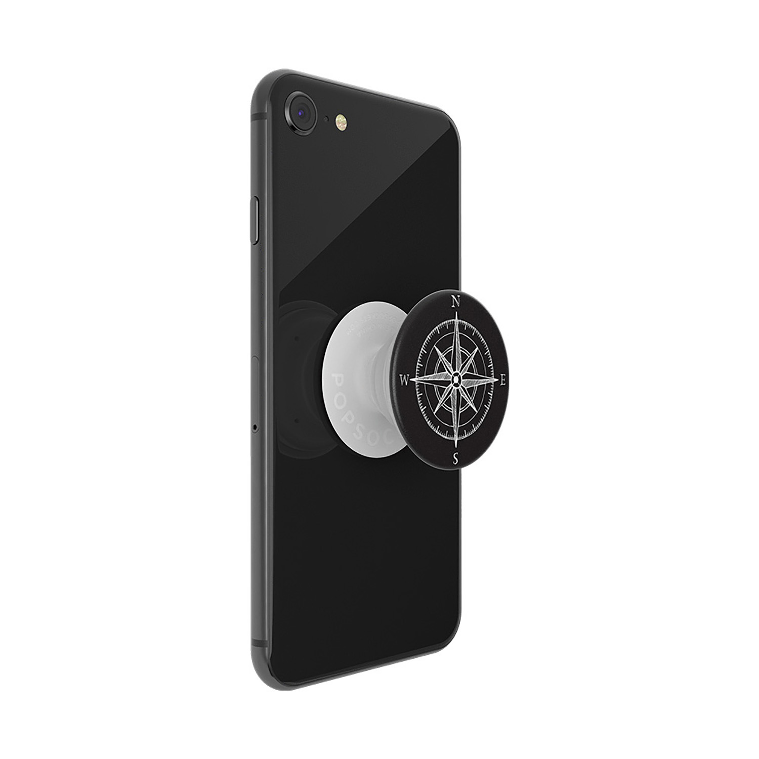 Schwarzes Telefon mit Kompass-PopSocket. Weißer Hintergrund. Seitenansicht.
