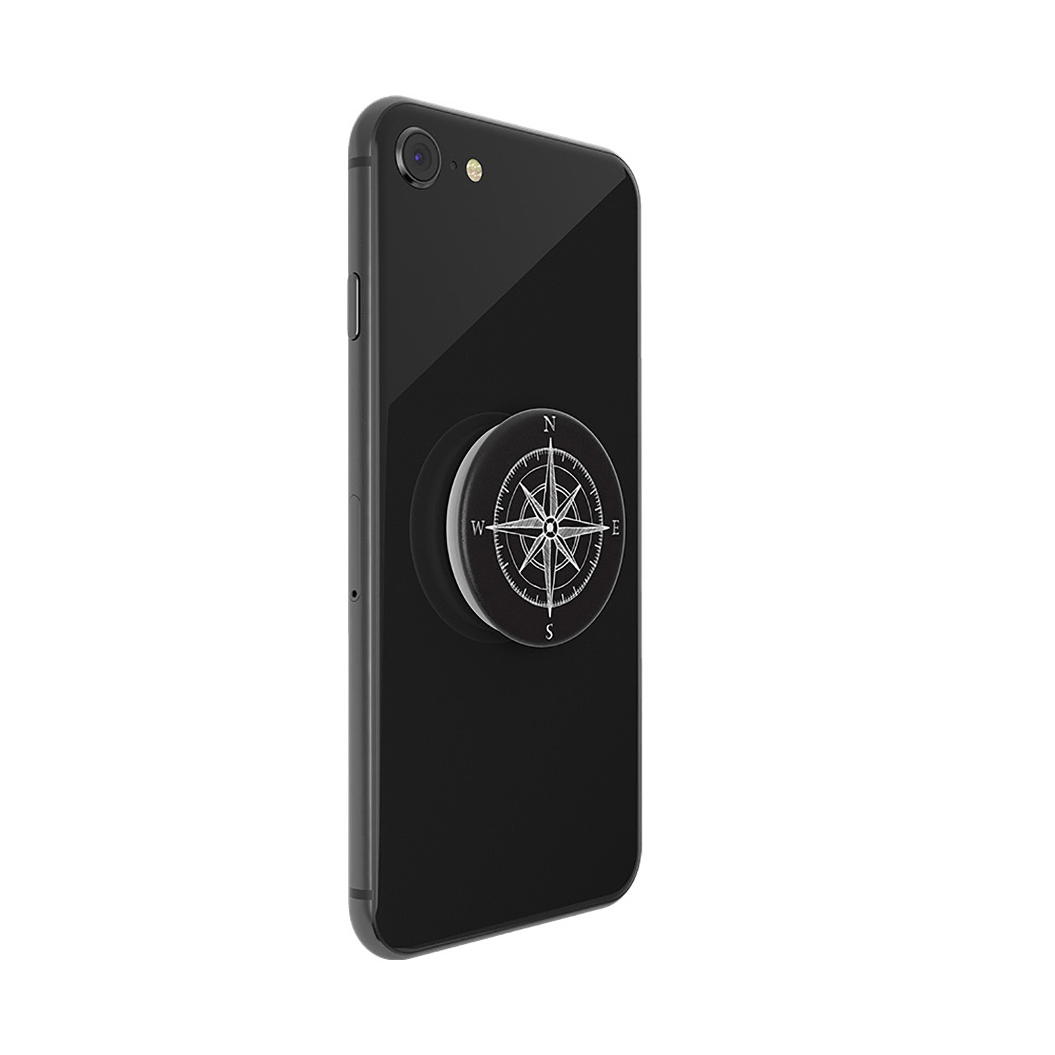 Schwarzes Telefon mit angebrachtem Kompass-Popsocket. Der Kompass zeigt die Richtungen.