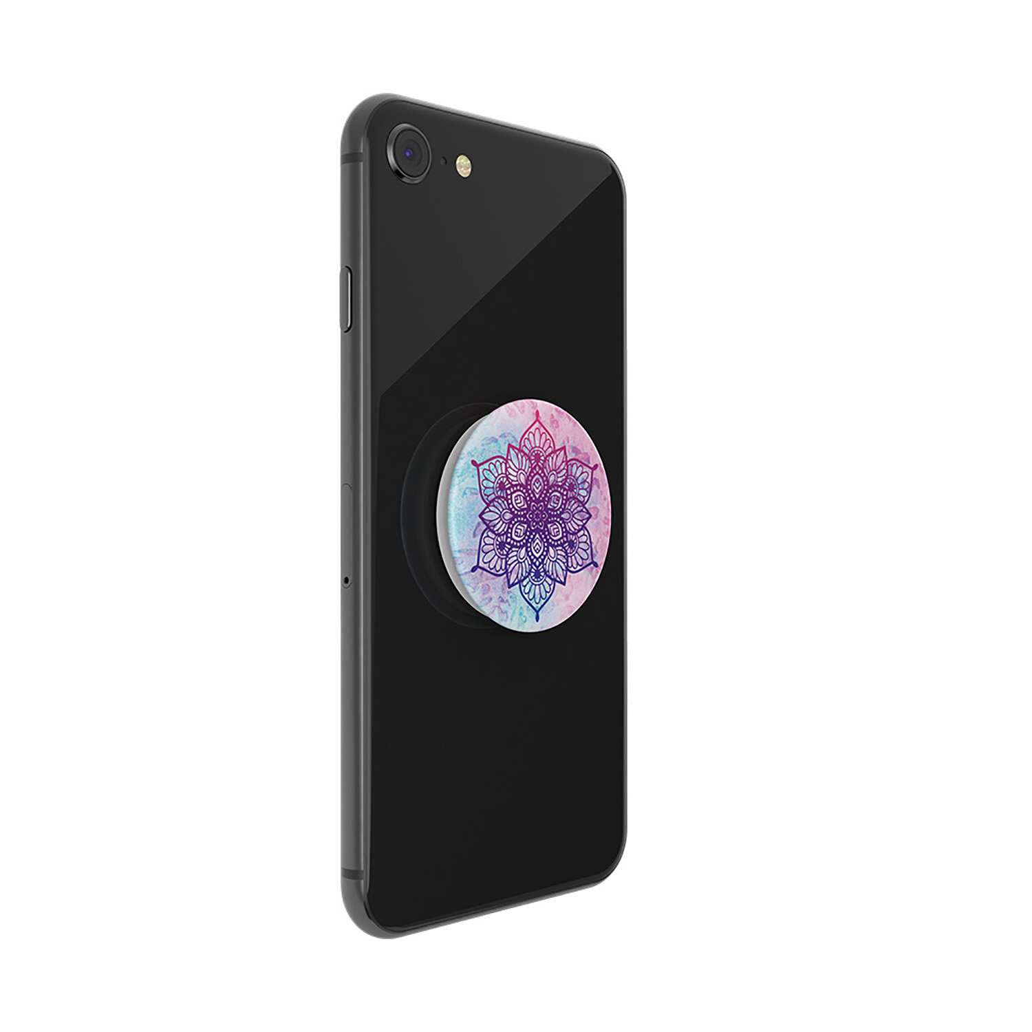 Teléfono negro con un popsocket mandala adjunto, el teléfono está sobre un fondo blanco.