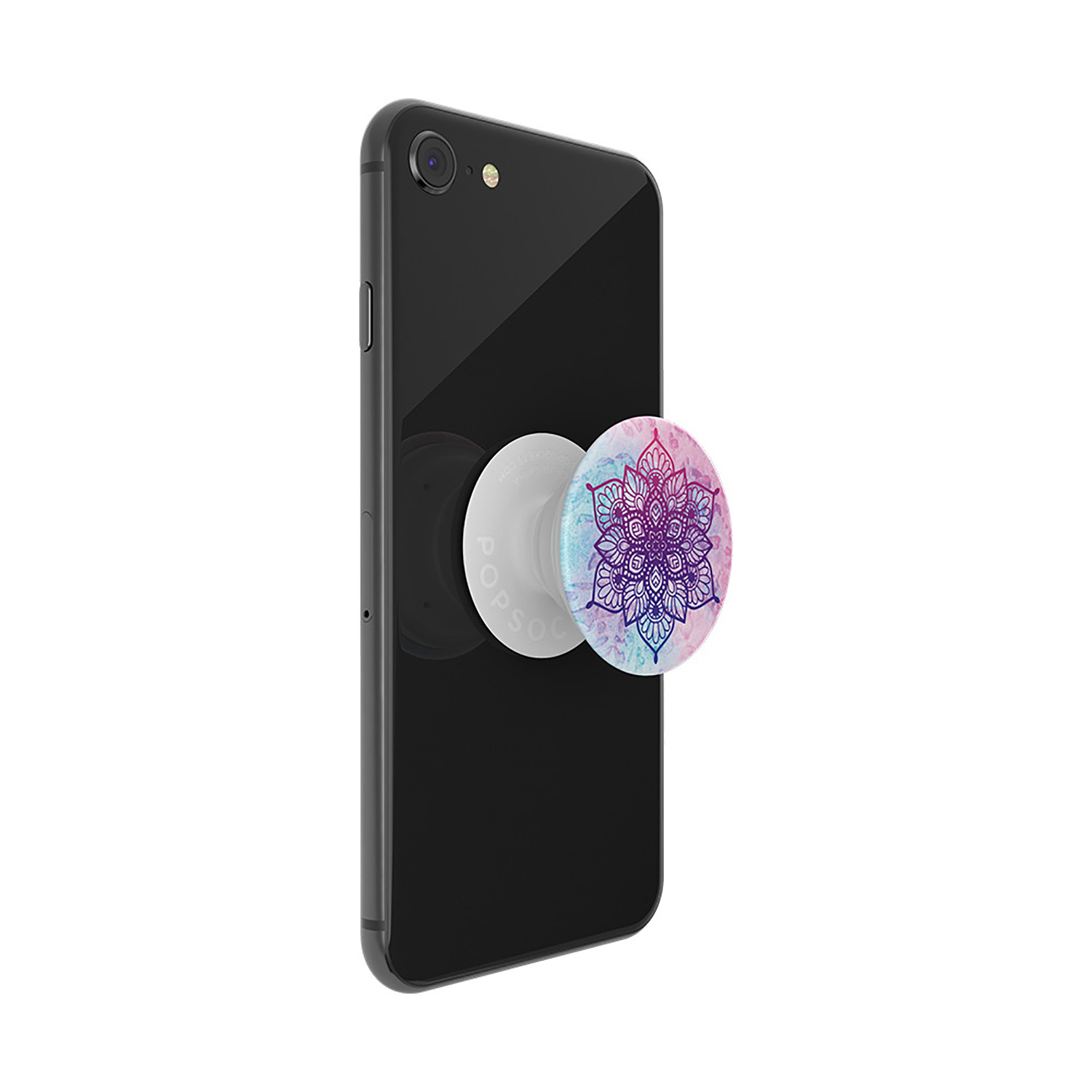 Teléfono negro con popsocket adjunto, diseño floral.