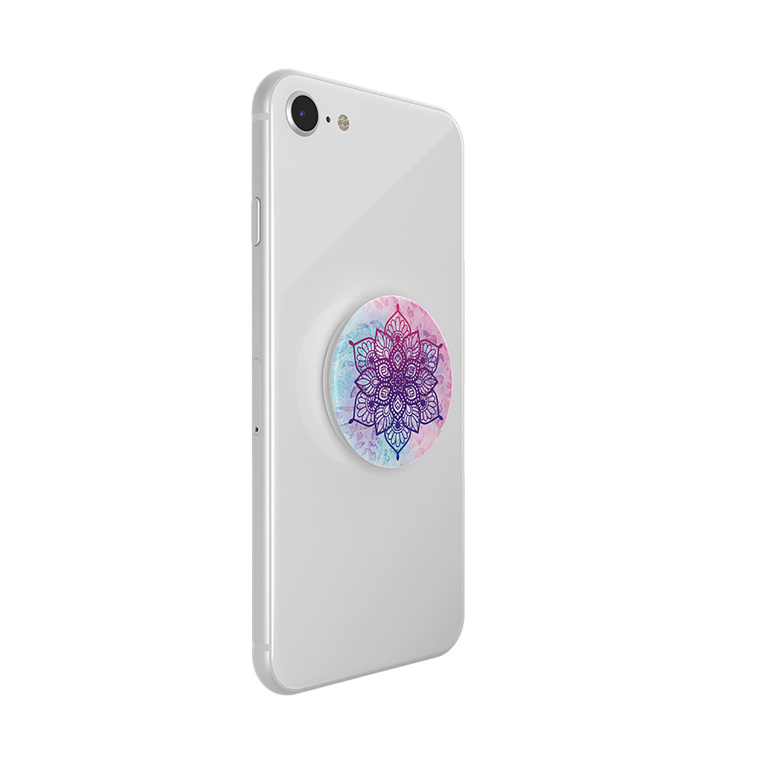 Teléfono blanco con un popsocket de mandala. El popsocket tiene un diseño de mandala colorido.