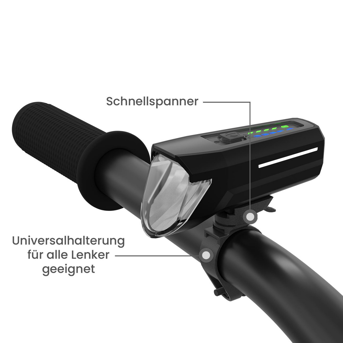 Schwarzes Fahrradlicht am Lenker. Auch Textbeschriftungen sind vorhanden.