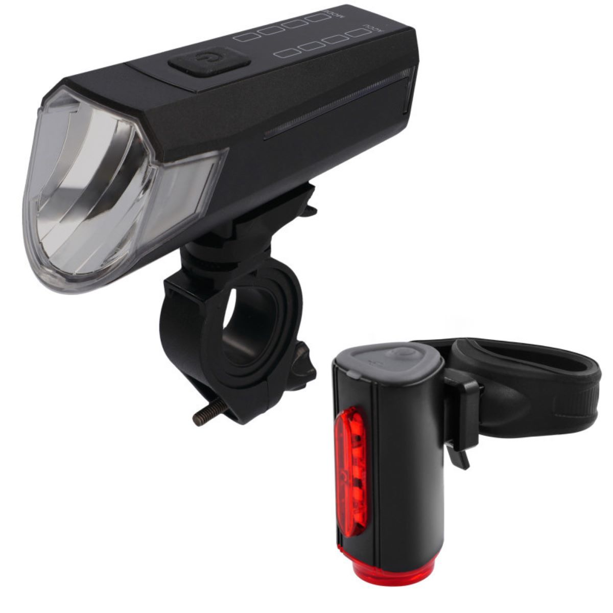 Schwarz-weiße Fahrradlichter, vorne und hinten, auf weißem Hintergrund.