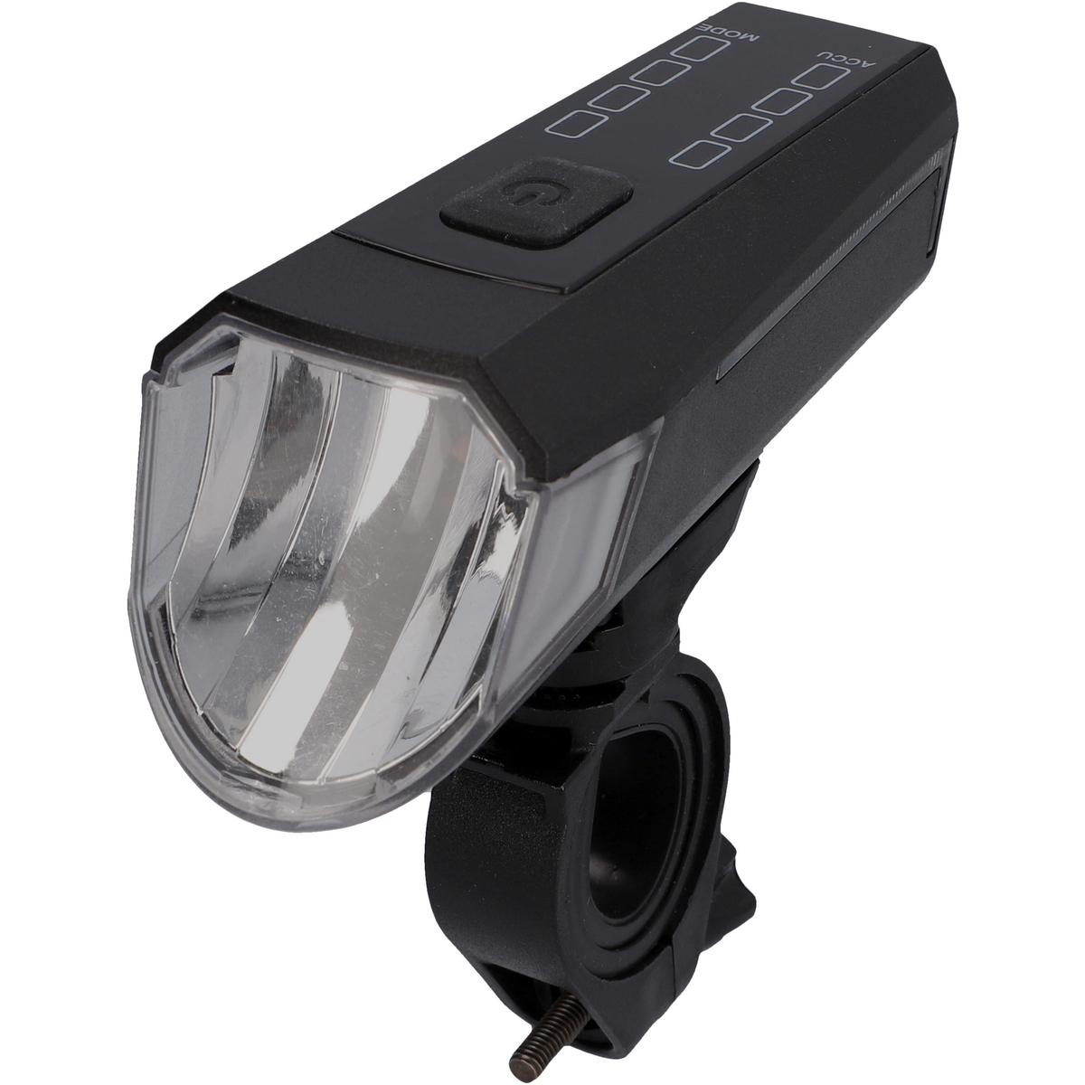 Ein schwarzes Fahrradlicht mit transparenter Front und einigen weißen LEDs. Es ist an einem schwarzen Halter montiert.