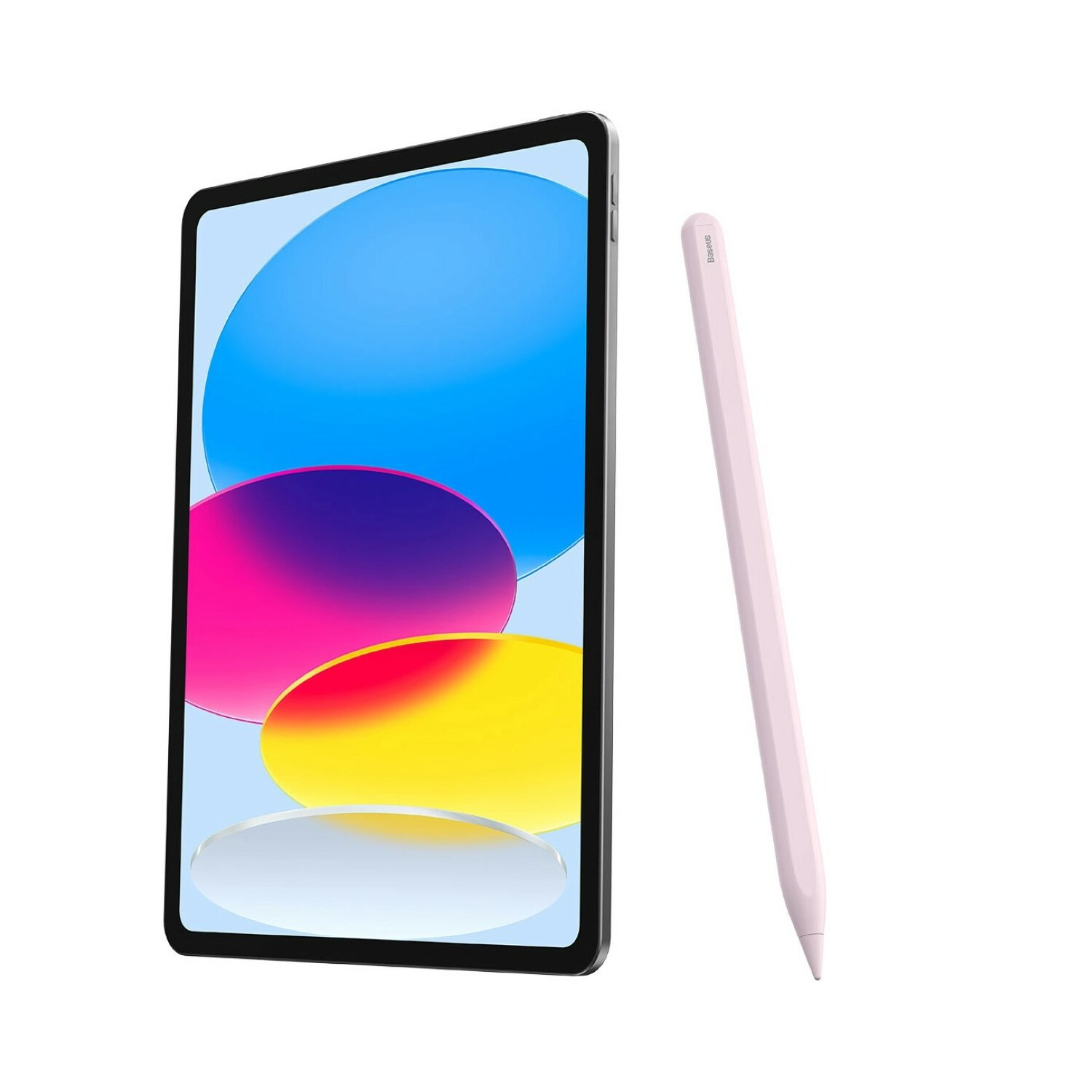 Tablet z różowym rysikiem. Tablet ma jasny, kolorowy obraz.