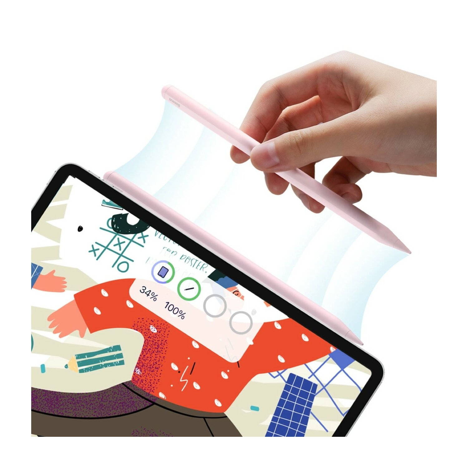 Różowy rysik i tablet, z dłonią używającą rysika.