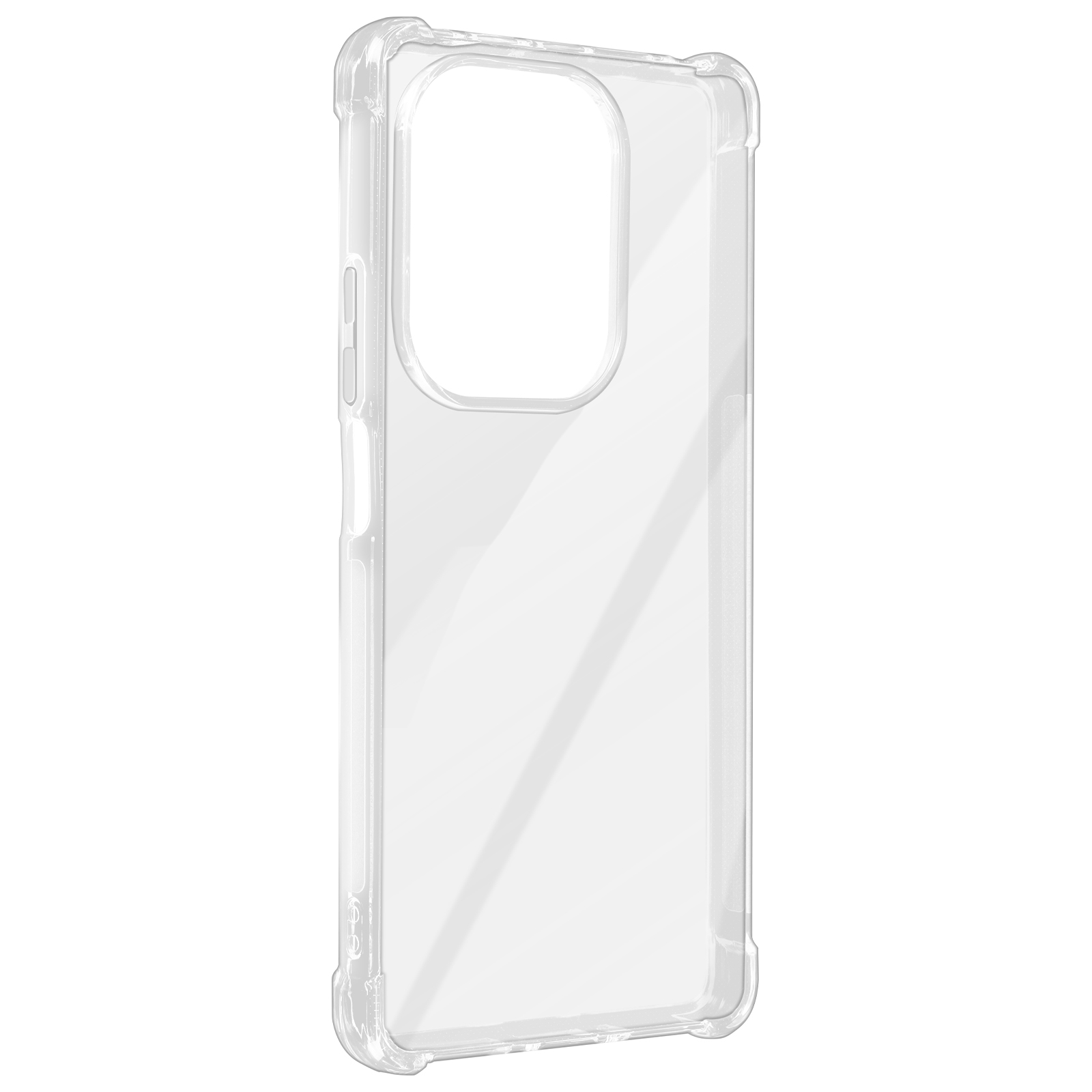 Custodia trasparente per telefono, mostra l'area della fotocamera, con una leggera ombra su sfondo bianco.
