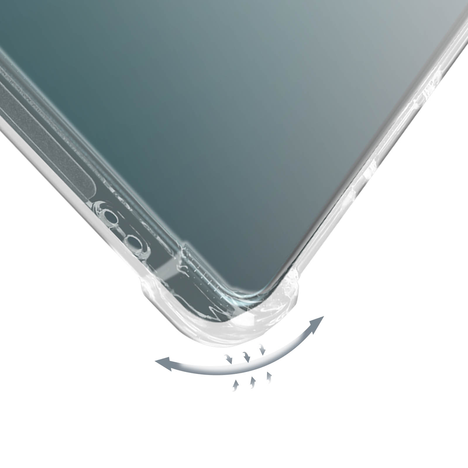 Custodia trasparente per telefono con design curvo, frecce che mostrano la flessibilità, sfondo bianco.