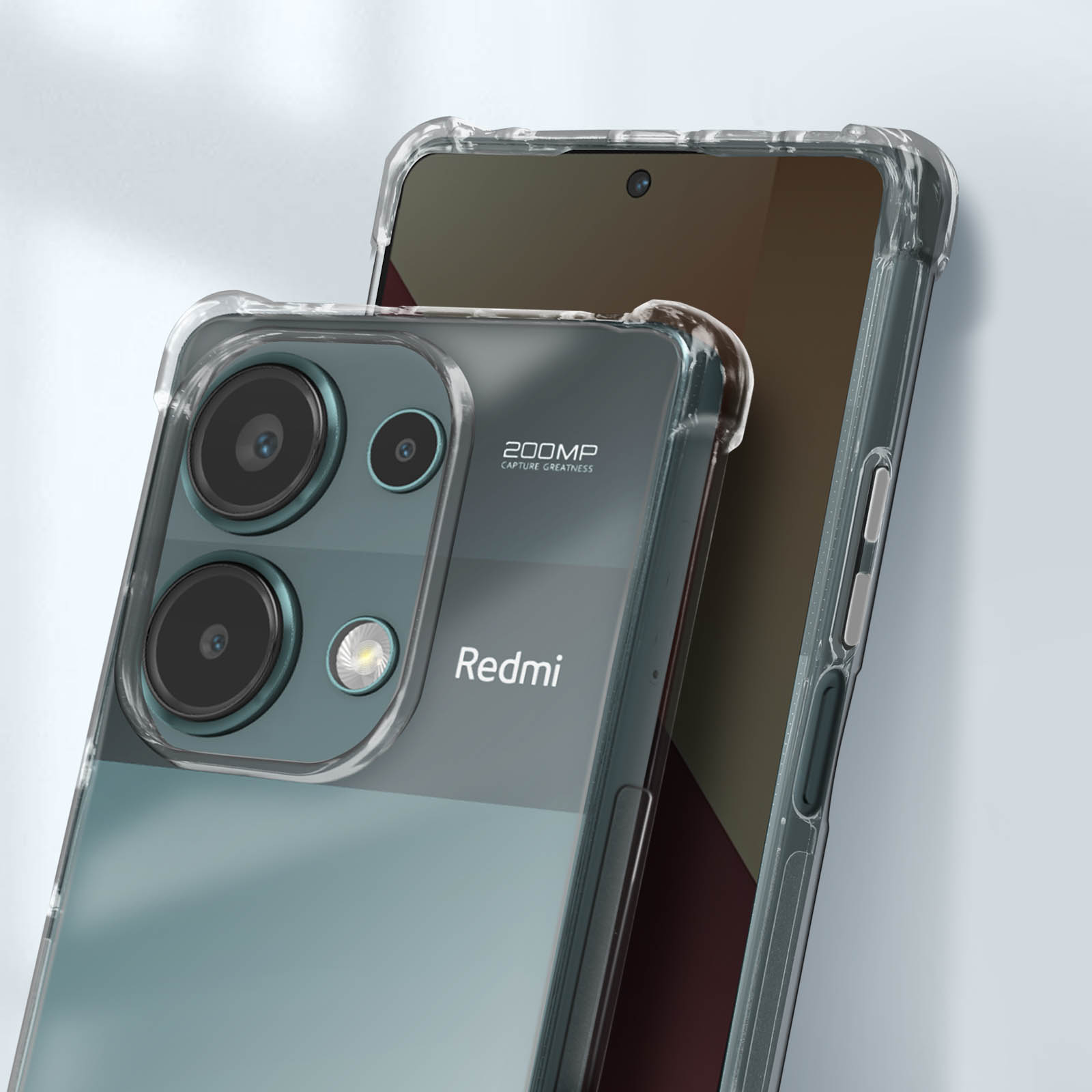 Telefono con custodia trasparente, due fotocamere. Testo: 200MP, logo Redmi.