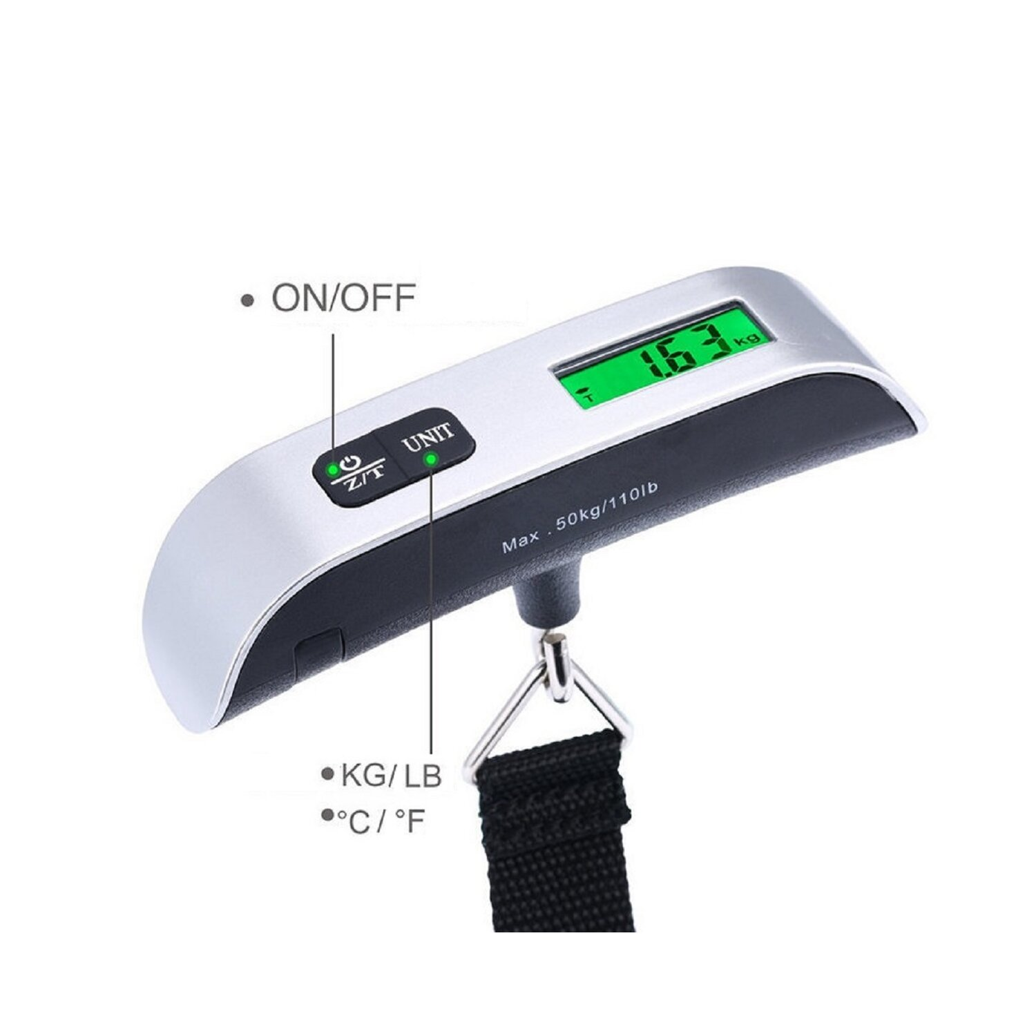Eine digitale Gepäckwaage mit Anzeige von 16,3 kg. Knöpfe: EIN/AUS, UNIT, KG/LB und °C/°F.