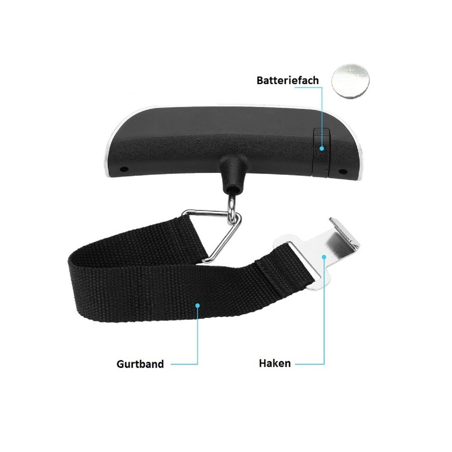 Eine schwarze Gepäckwaage mit schwarzem Gurt, Metallhaken und Batteriefach.