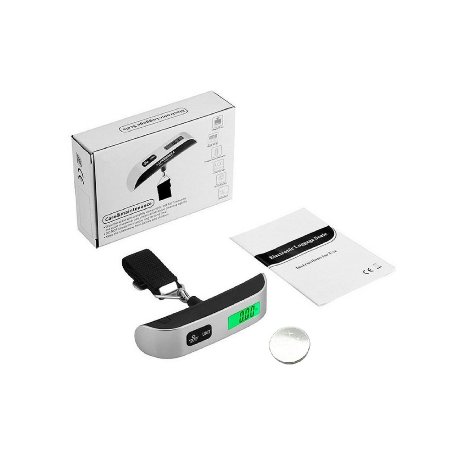 Eine Gepäckwaage mit Anleitung und Batterie.