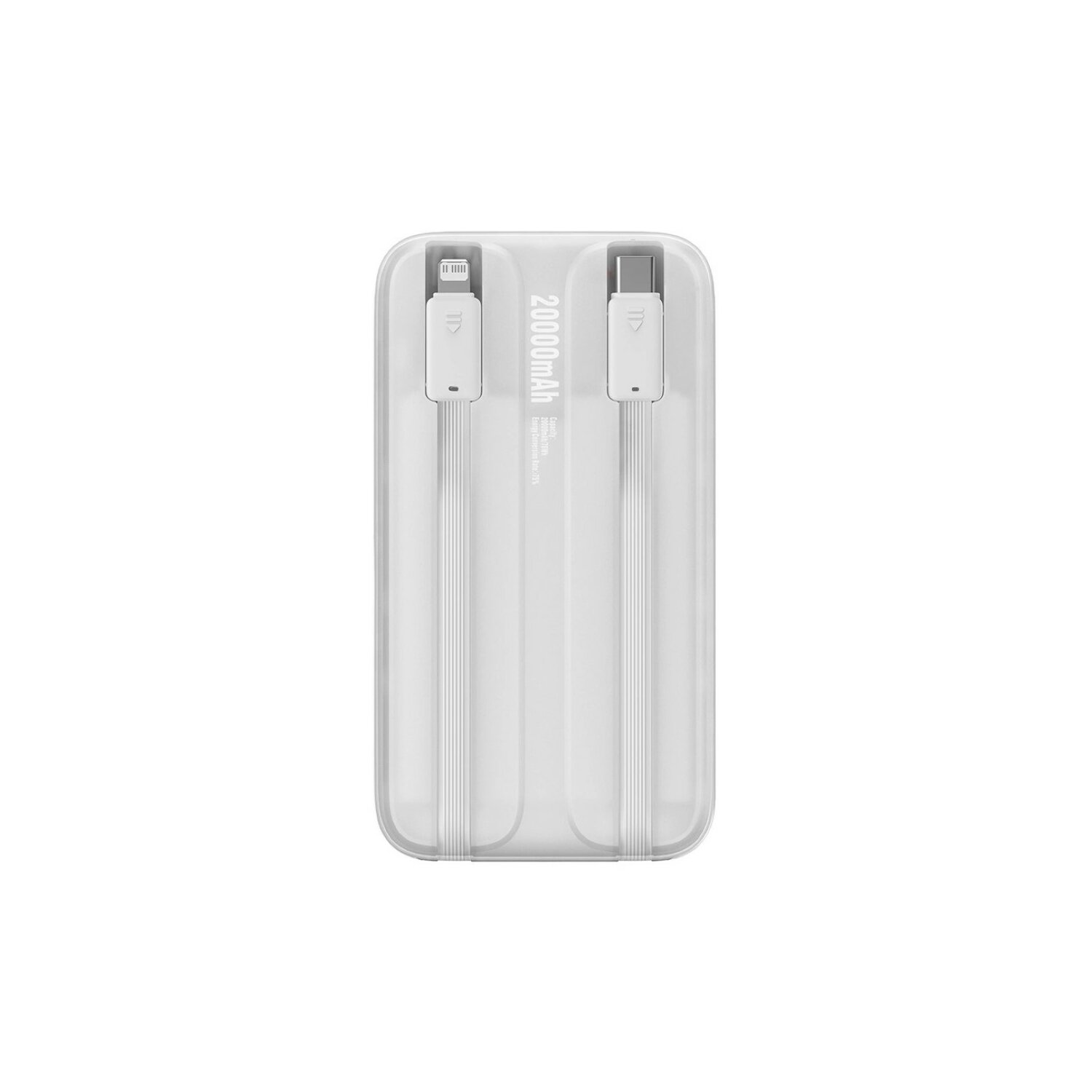 Eine weiße Powerbank mit zwei Ladekabeln und dem Text '20000mAh'.