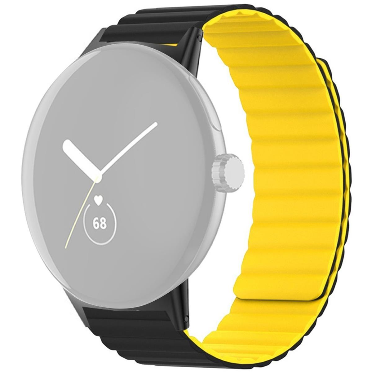 Eine schwarz-gelbe Smartwatch mit gelbem Armband.
