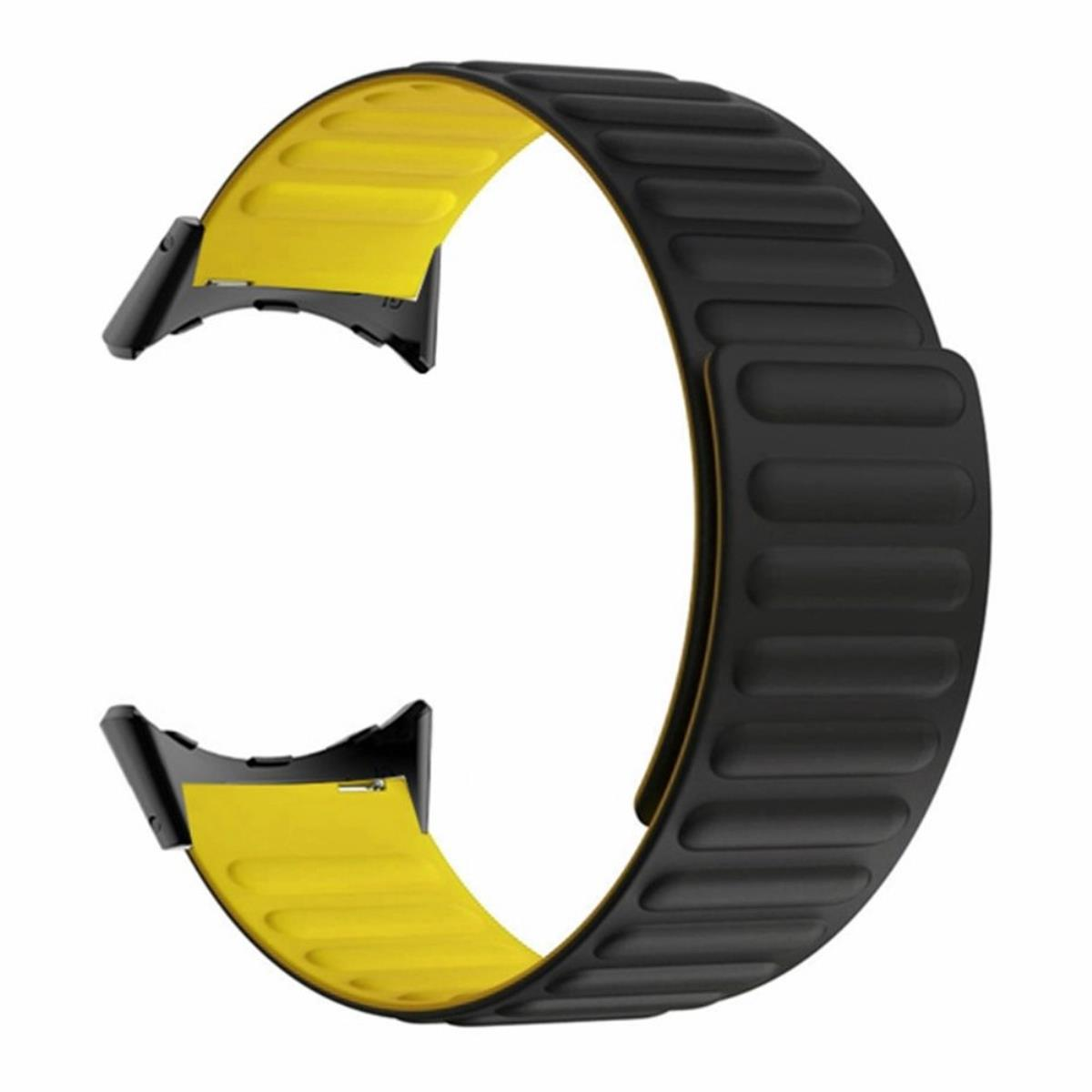 Schwarzes und gelbes magnetisches Uhrenarmband. Gebogen und aus Gummi.