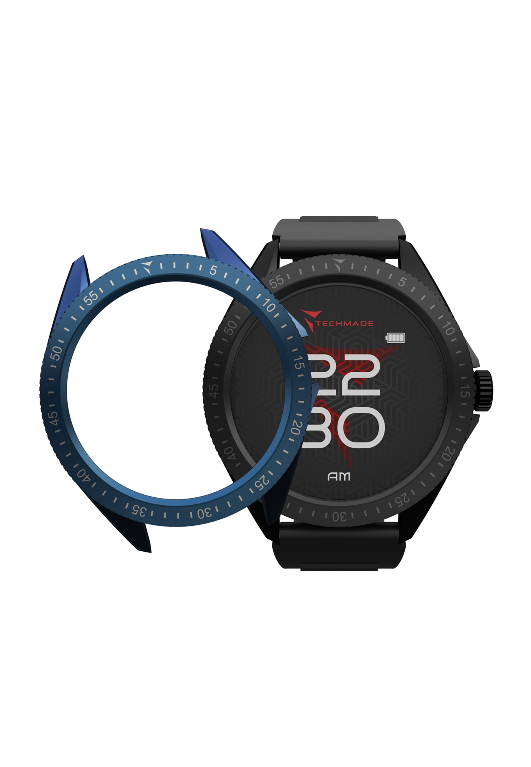 Montre connectée avec lunette bleue et heure affichée.