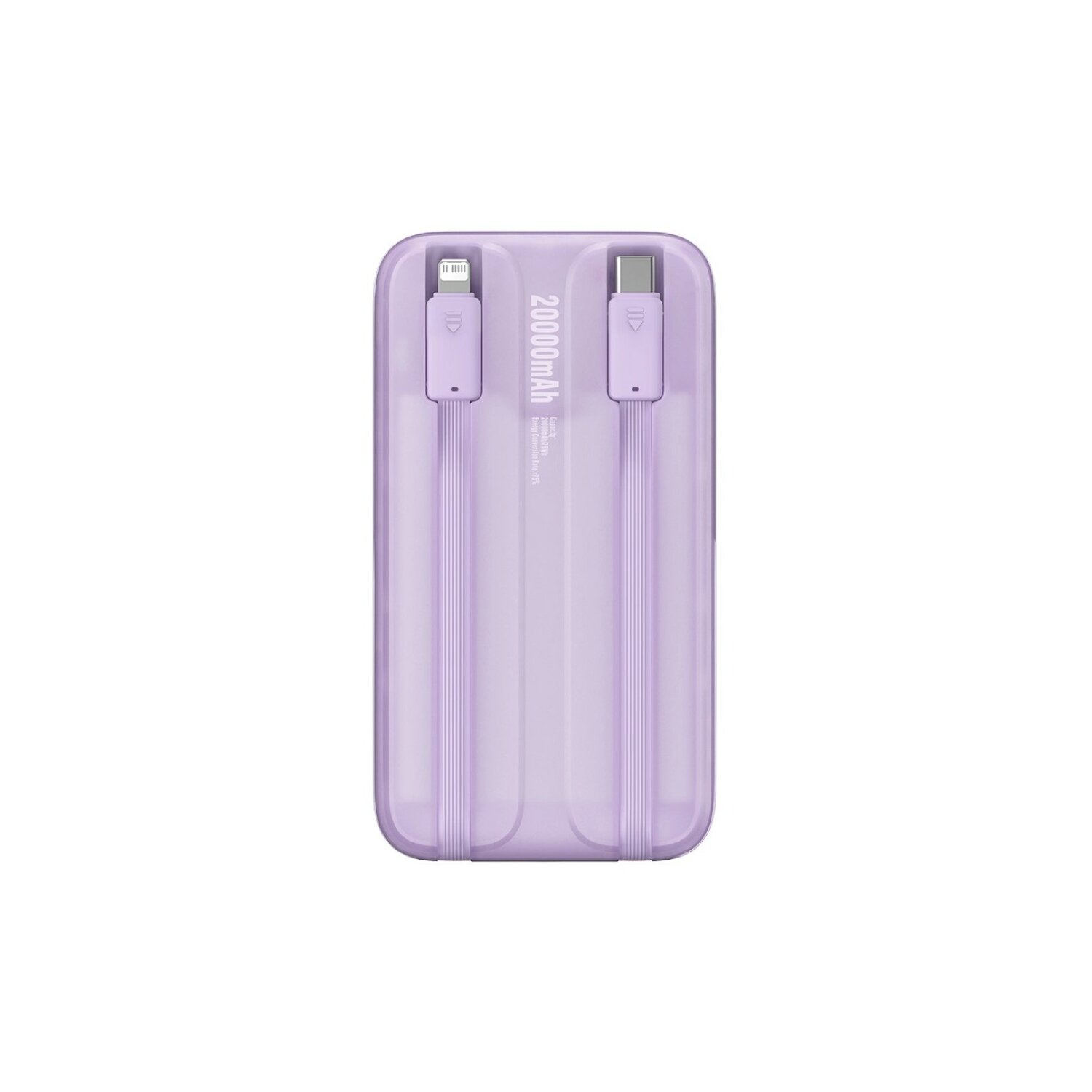 Lila Powerbank mit zwei Ladekabeln.