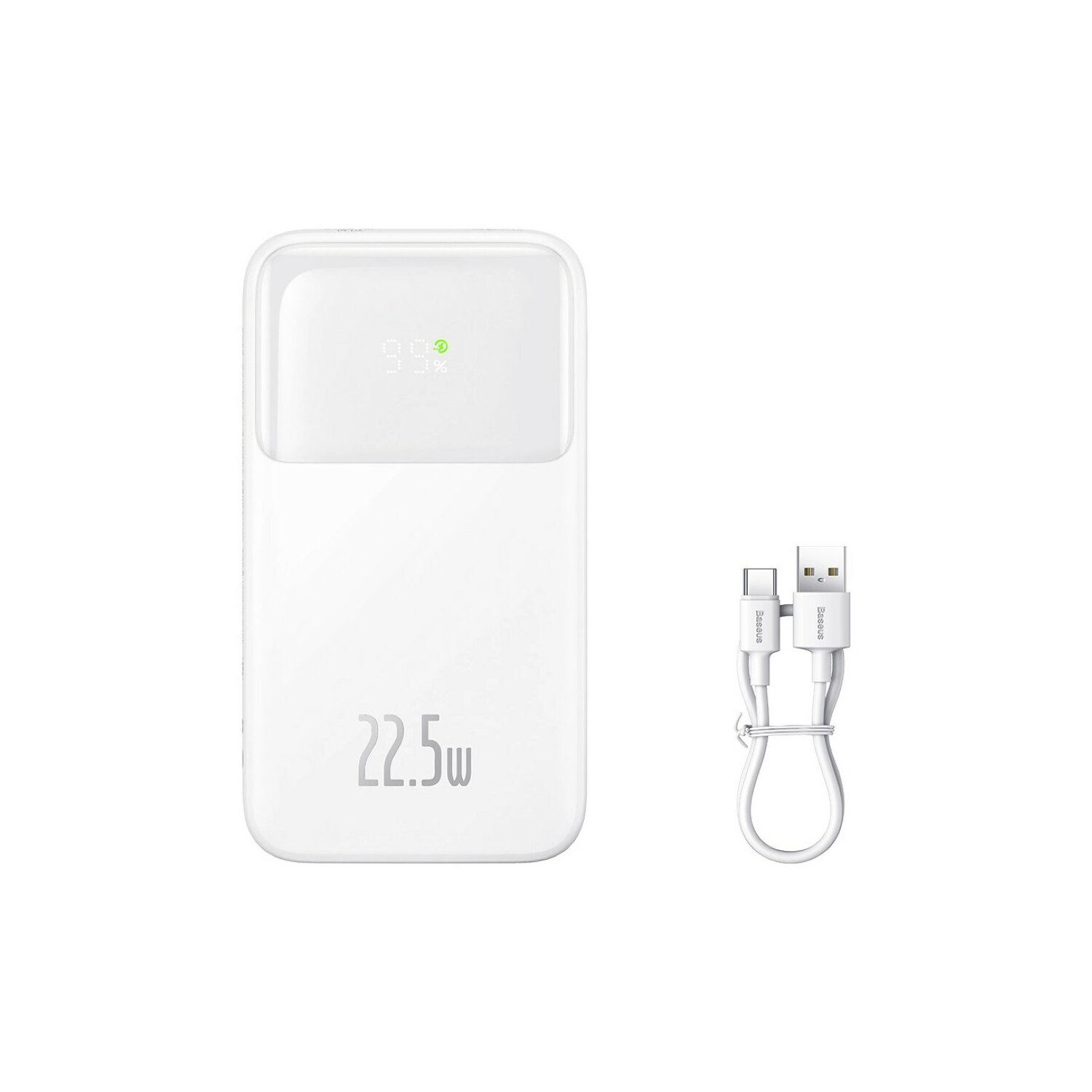 Biały power bank z kablem. Wyświetla 99% i 22,5W.